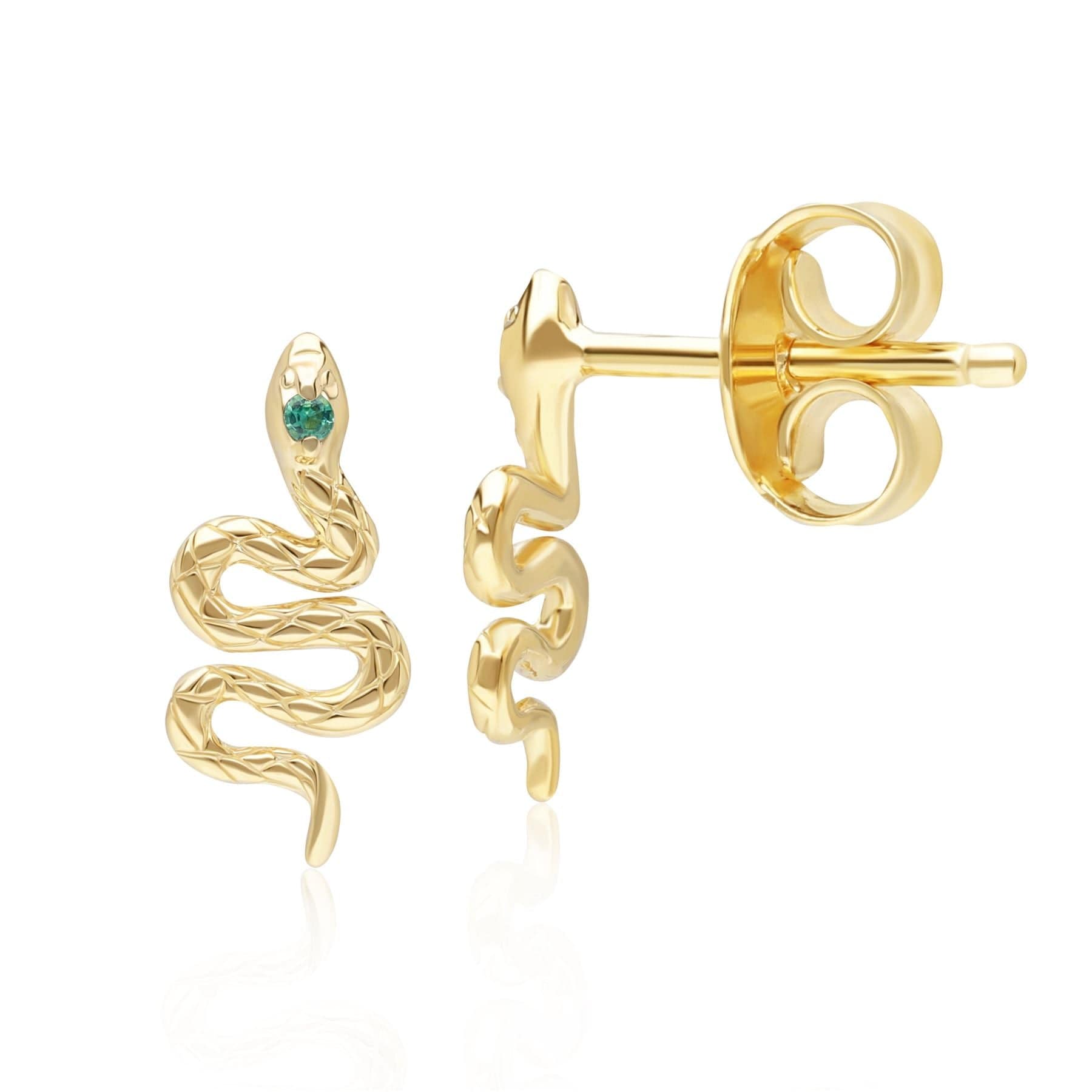 132E2793039 ECFEW™ Emerald Snake Wrap Stud Earrings in 9ct Yellow Gold On Model