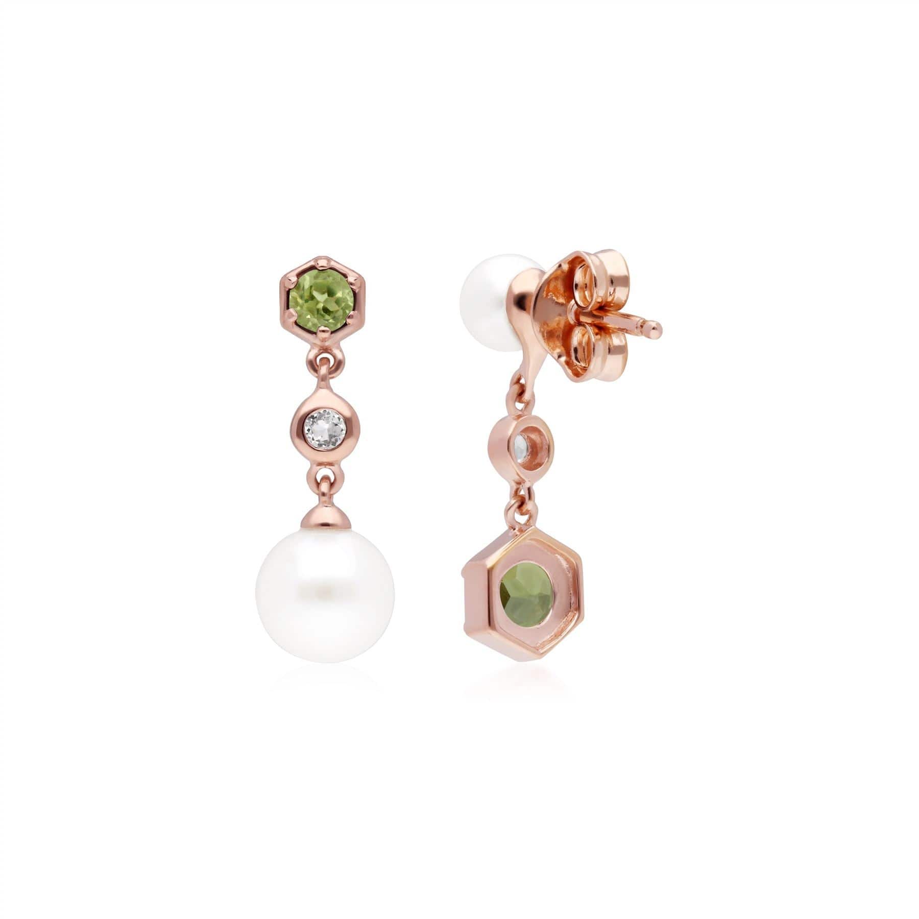 Modern Pearl, Peridot & Topaz Mismatched Drop Earrings in Rose Gold Silver 2