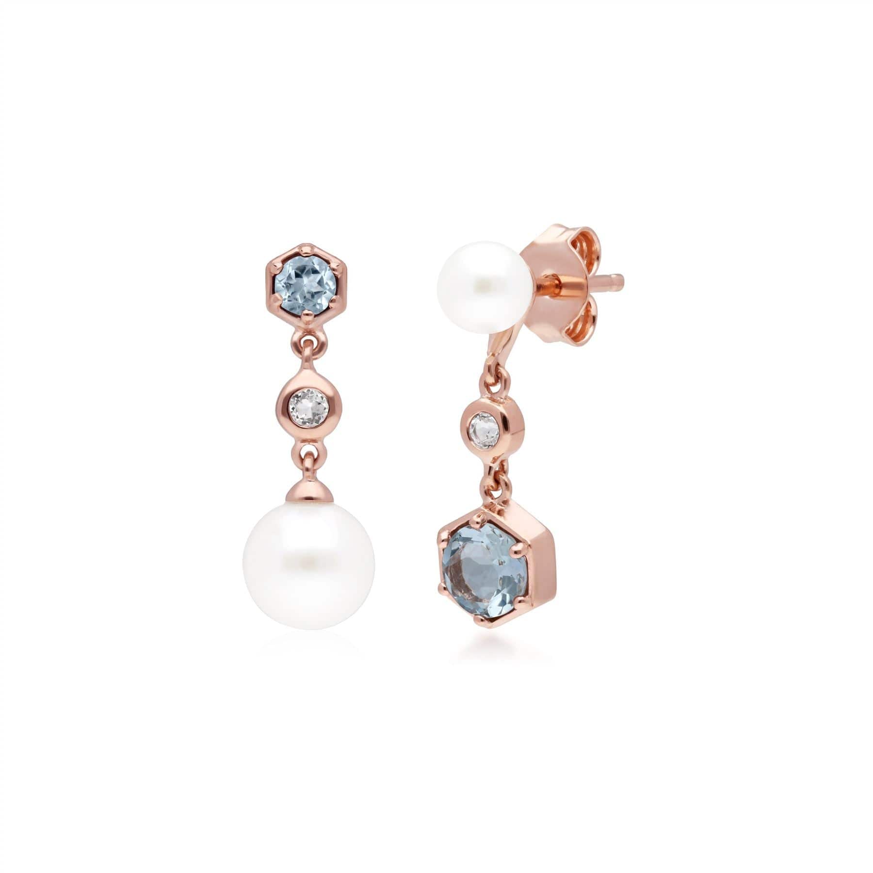 270E030305925 Modern Pearl, Aquamarine & Topaz Mismatched Drop Earrings in Rose Gold Plated Silver 1
