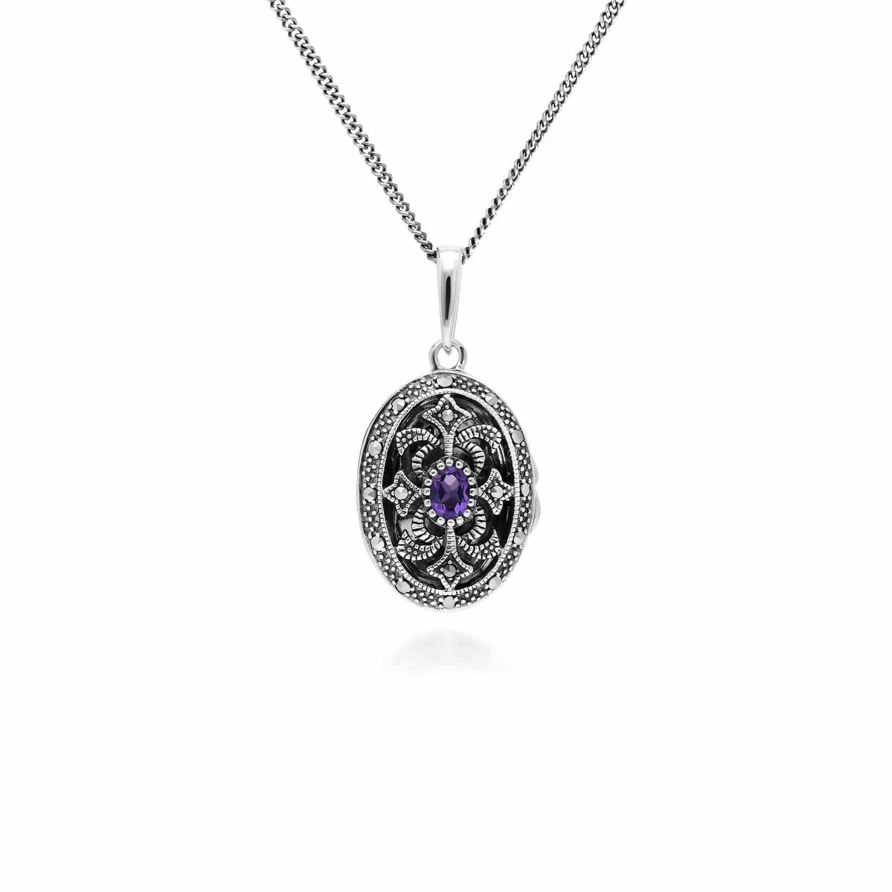 214N716205925 Art Nouveau Style Oval Amethyst & Marcasite Locket Necklace in 925 Sterling Silver 1