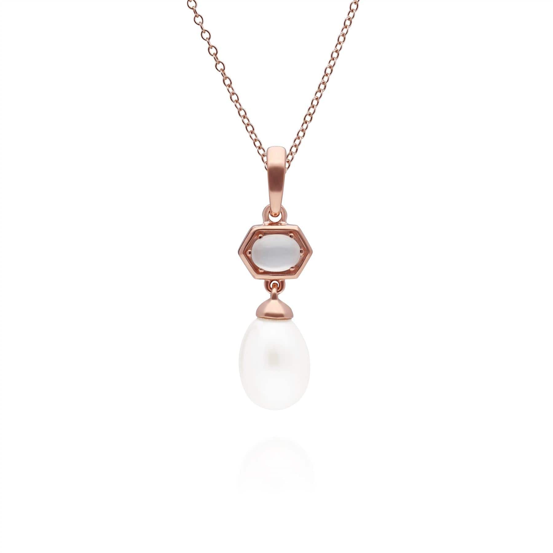 270P030802925 Modern Pearl & Moonstone Hexagon Drop Pendant in Rose Gold Plated Silver 1