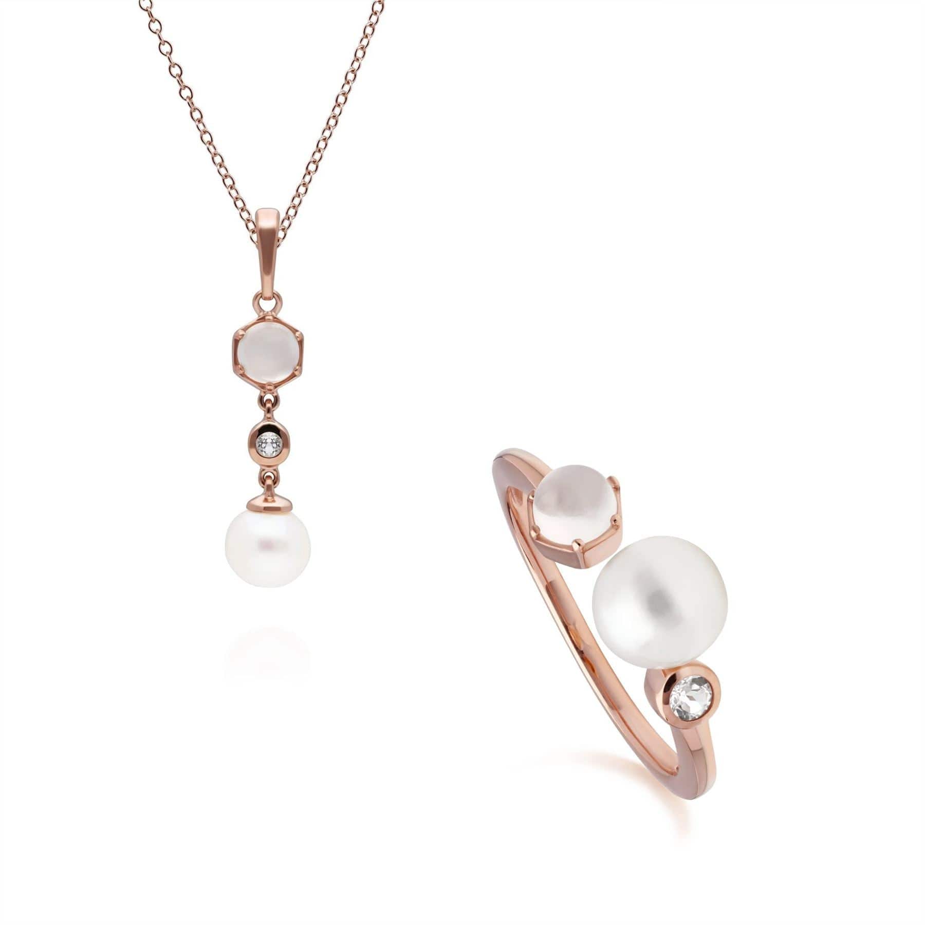 270P030702925-270R059302925 Modern Pearl, Moonstone & Topaz Pendant & Ring Set in Rose Gold Plated Silver 1