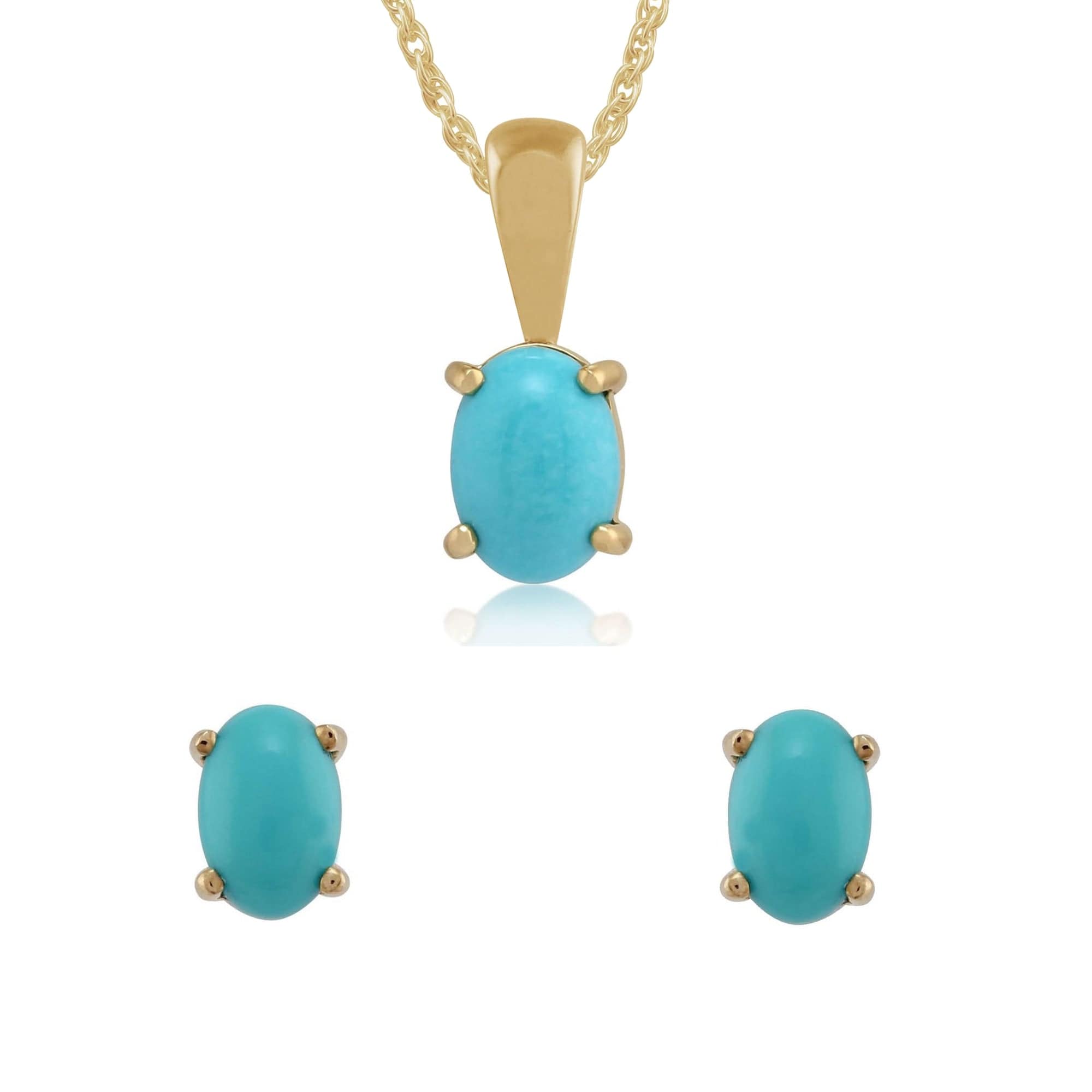 8546-10749 Classic Oval Turquoise Single Stone Stud Earrings & Pendant Set in 9ct yellow Gold 1