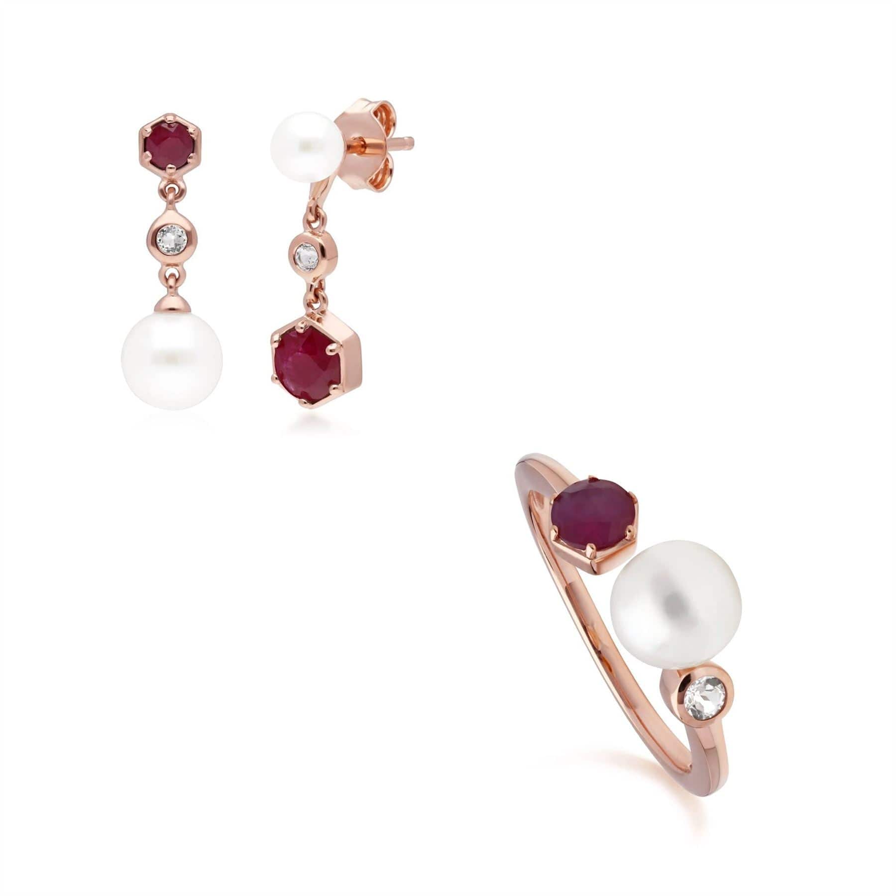Modern Pearl, Ruby & Topaz Earring & Ring Set in Rose Gold Plated Silver - Gemondo
