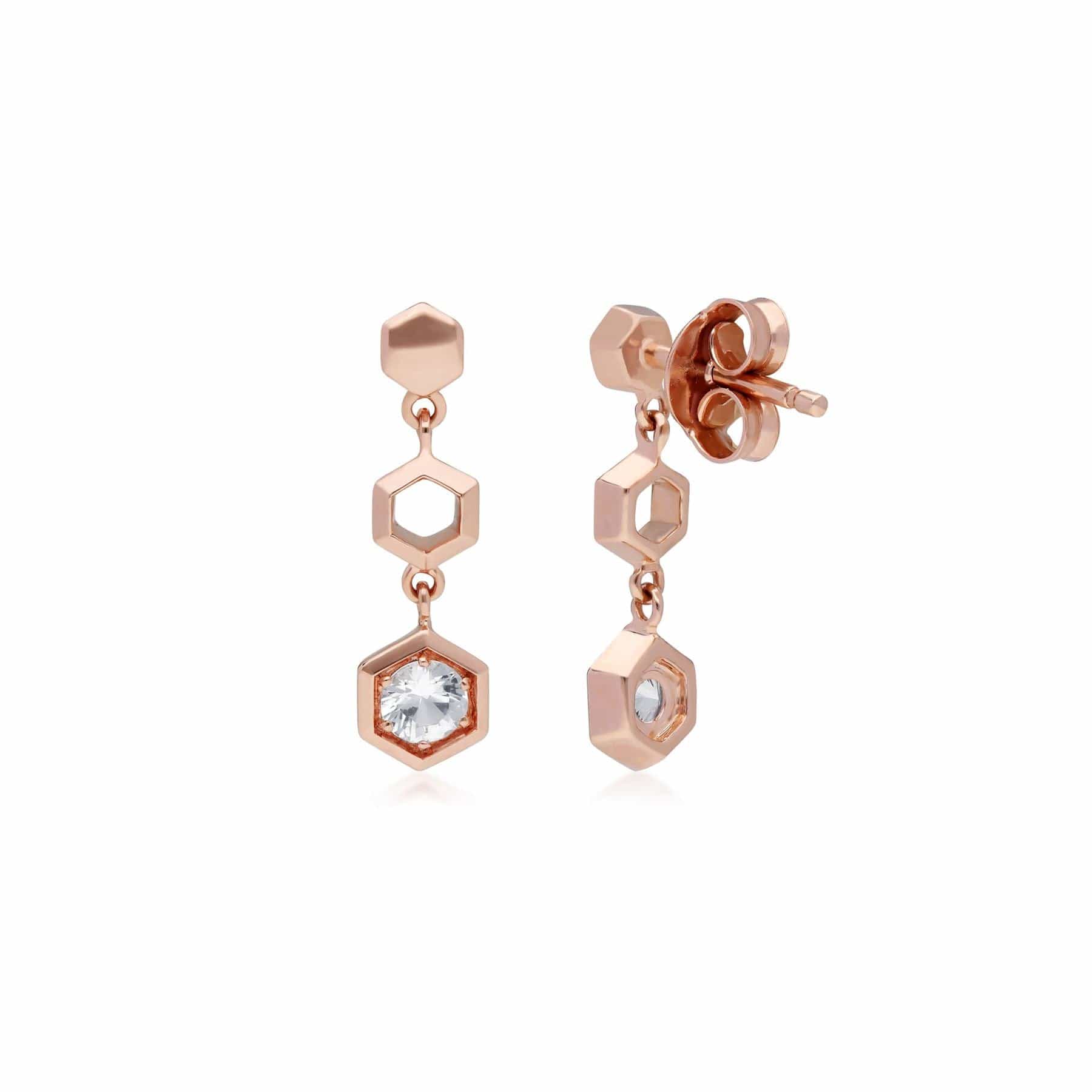 135E1631019 Honeycomb Inspired Clear Sapphire Drop Earrings in 9ct Rose Gold 3