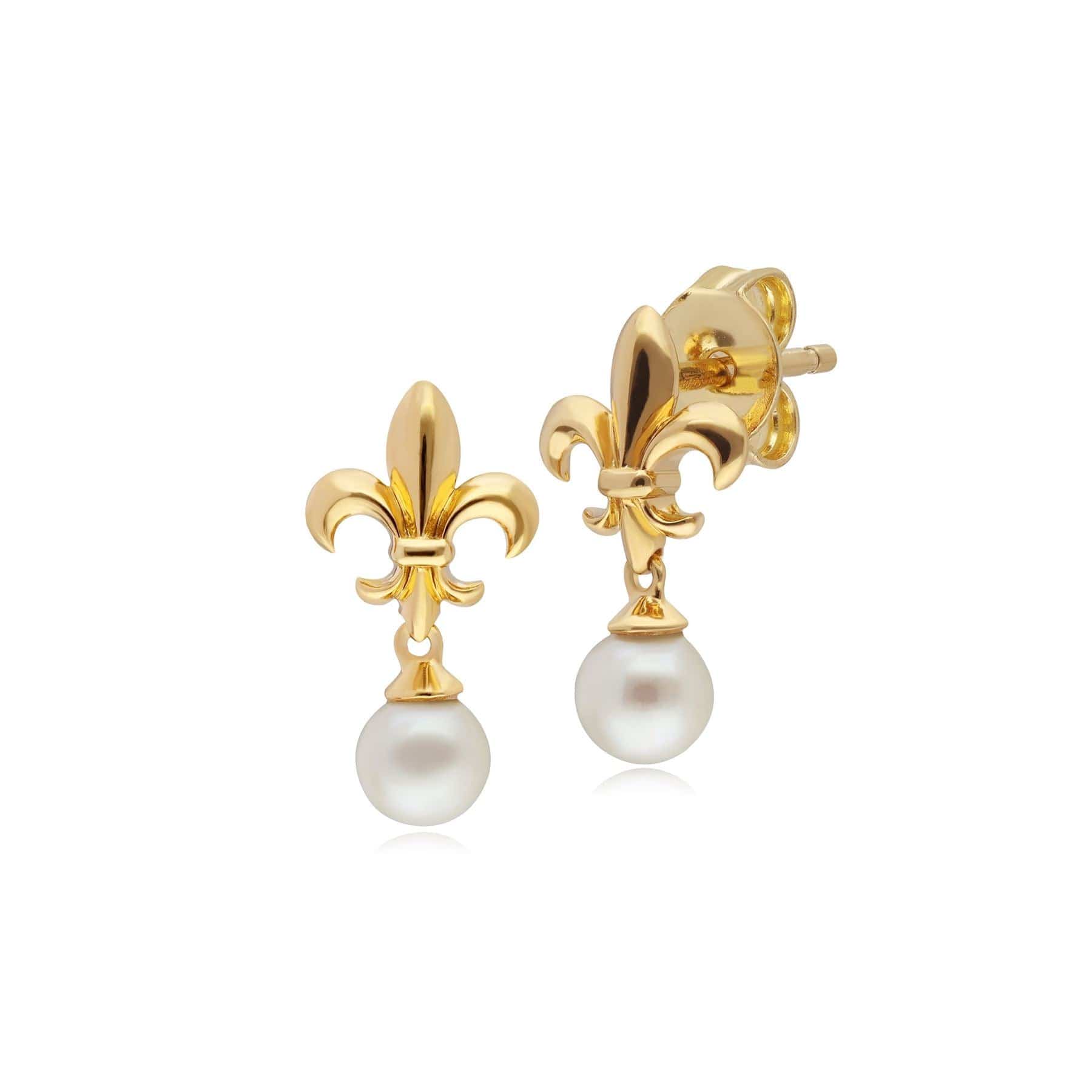 133E4118019 ECFEW™ Pearl Fleur De Lis Drop Earrings In 9ct Yellow Gold 1