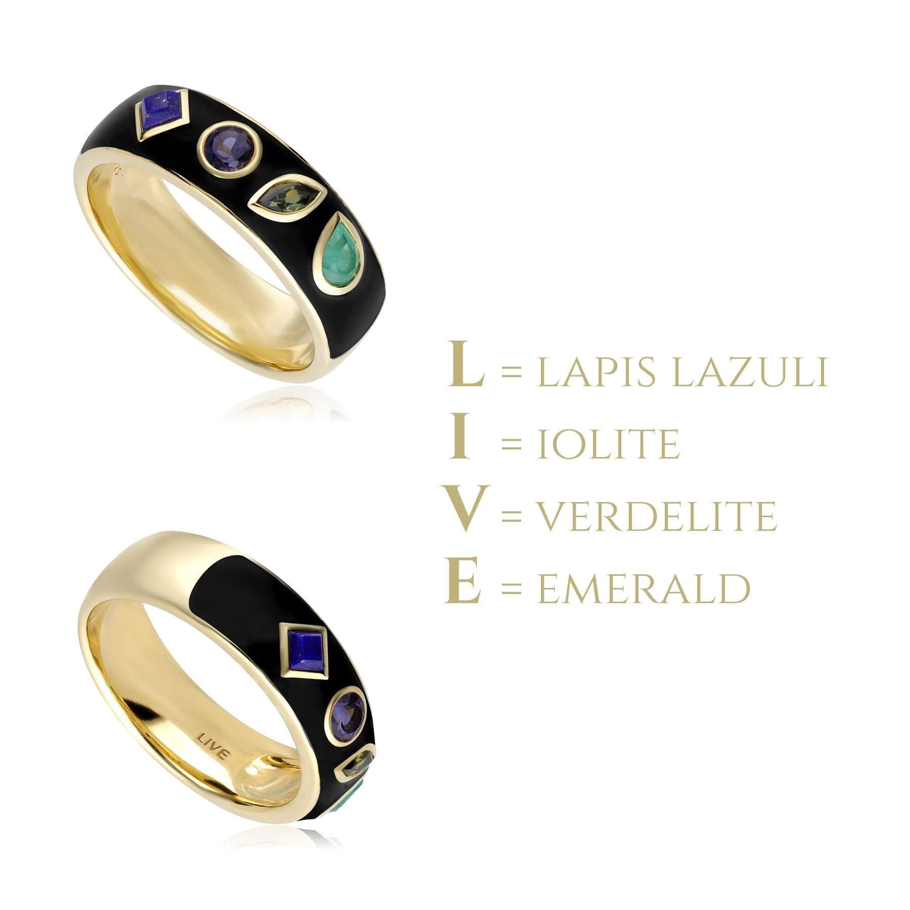 253R663801925 Coded Whispers Black Enamel 'Live' Acrostic Gemstone Ring In Yellow Gold Plated Silver 4
