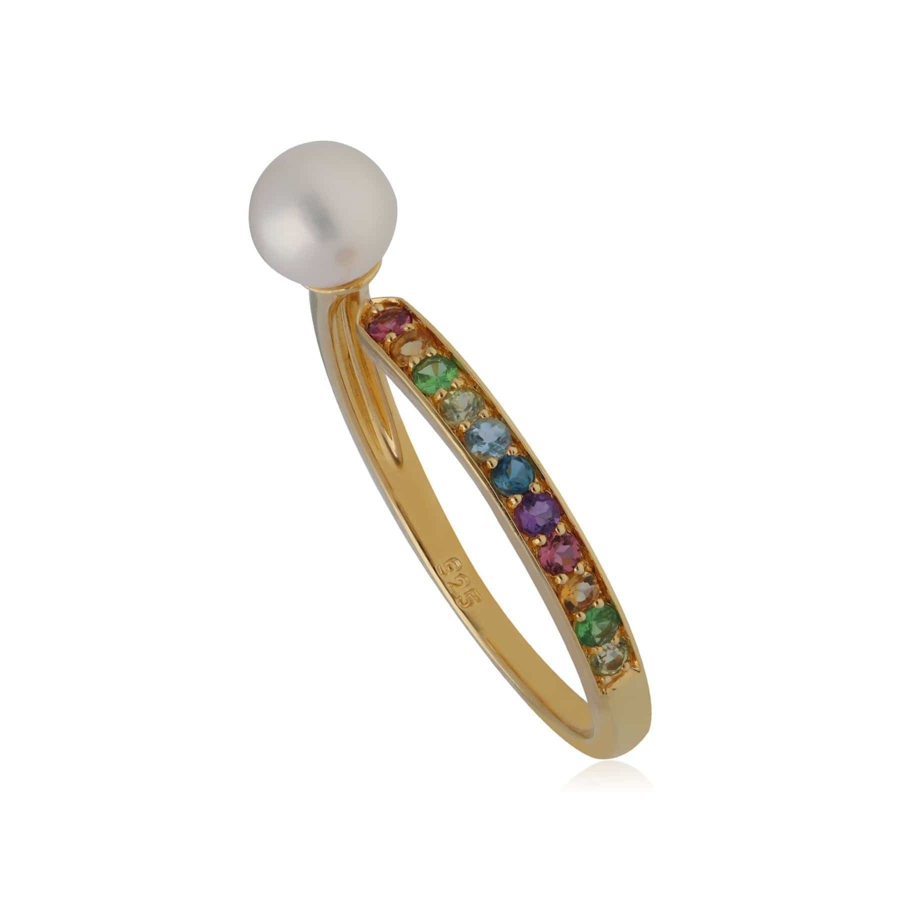 270R059901925 Rainbow Gemstone & Pearl Open Ring in Gold Plated Sterling Silver 1