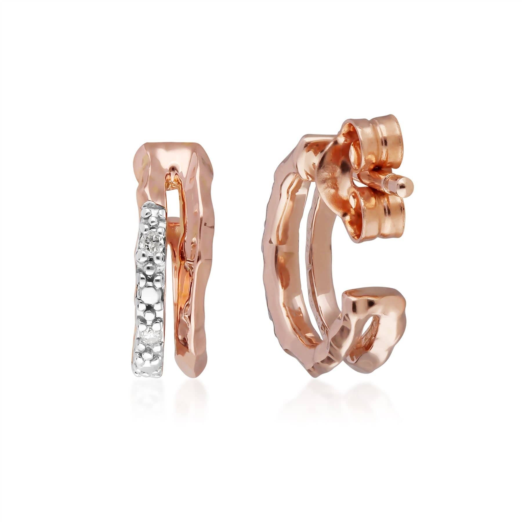 191E0405019 Diamond Pavé Double Hammered Mini Hoop Earrings in 9ct Rose Gold 2