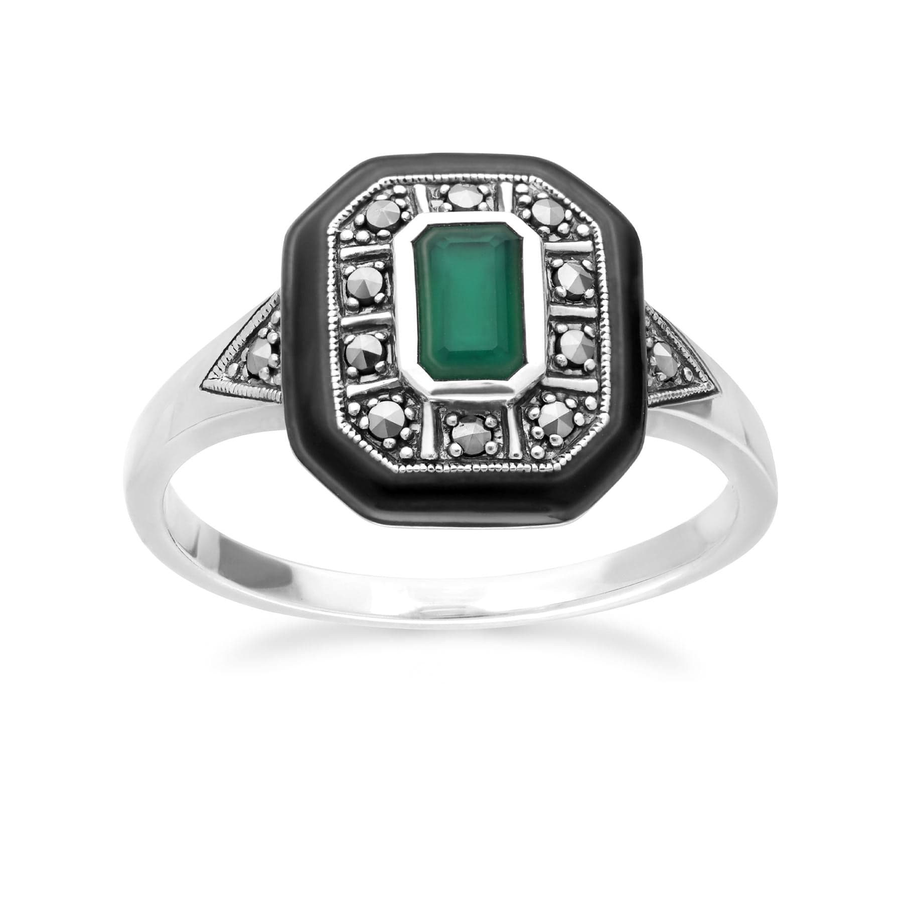 214R608001925 Art Deco Inspired Chalcedony, Enamel & Marcasite Square Ring In Sterling Silver 2