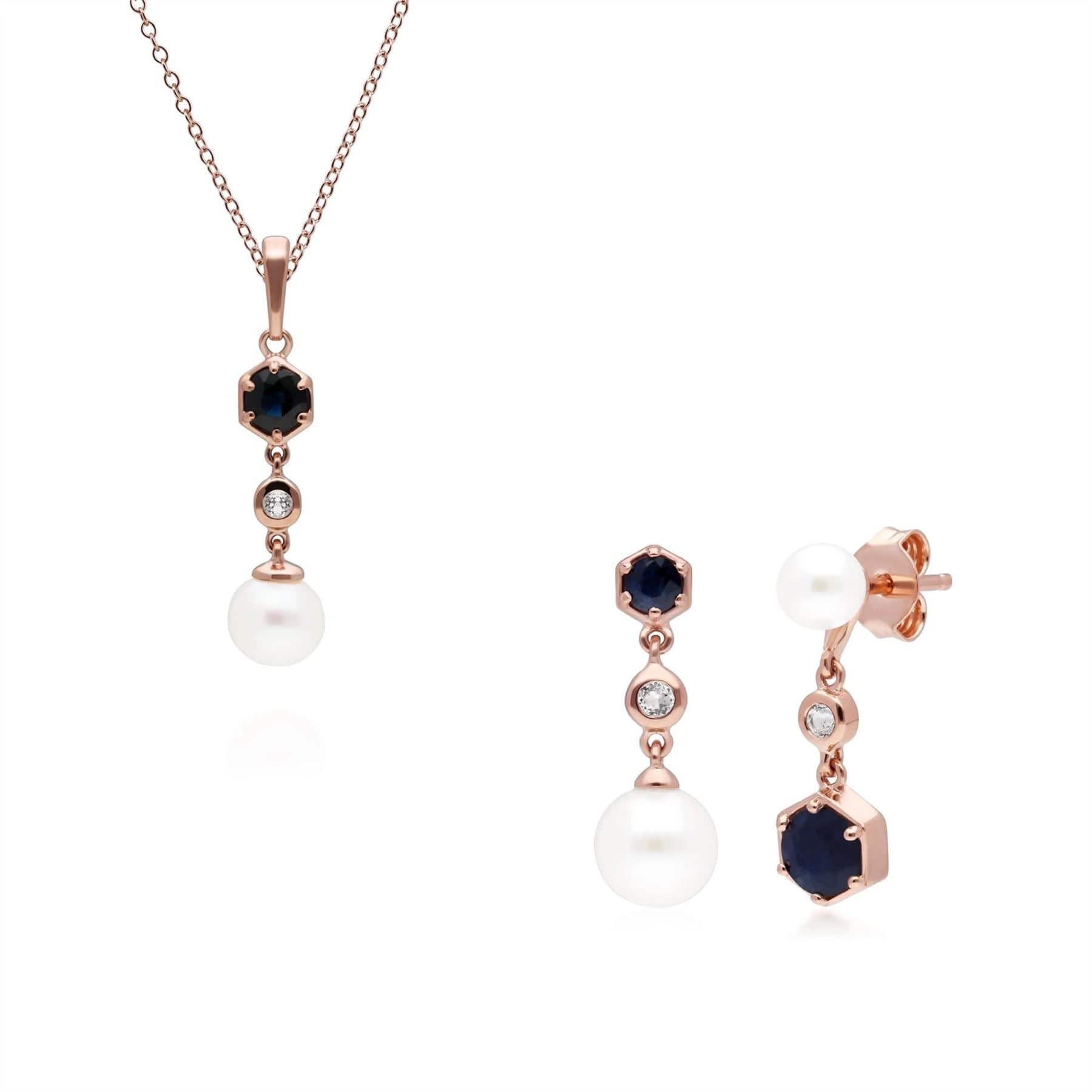 270P030301925-270E030301925 Modern Pearl, Sapphire & Topaz Pendant & Earring Rose Gold Plated Set 1