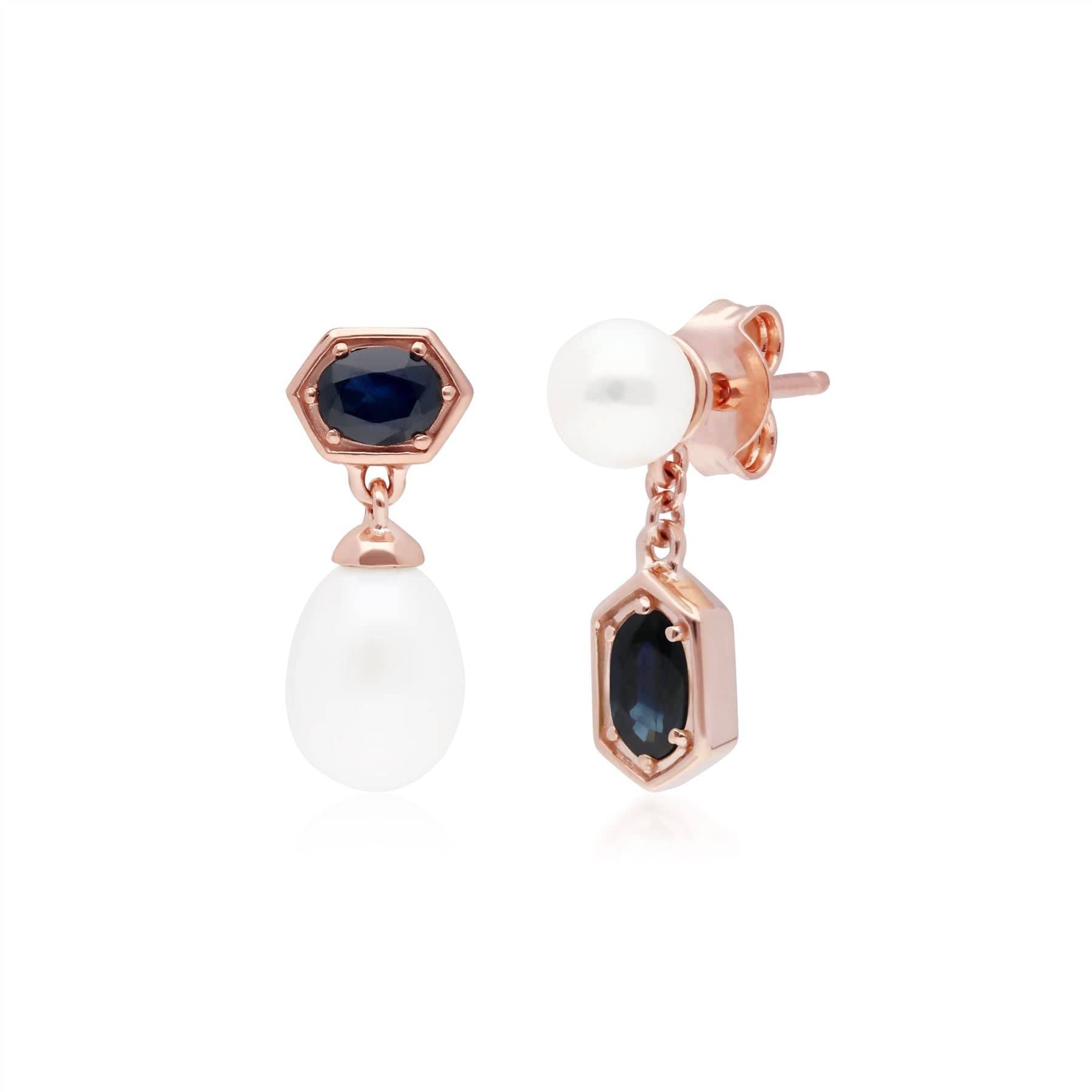 270E030401925 Modern Pearl & Sapphire Mismatched Drop Earrings in Rose Gold Plated Silver 1