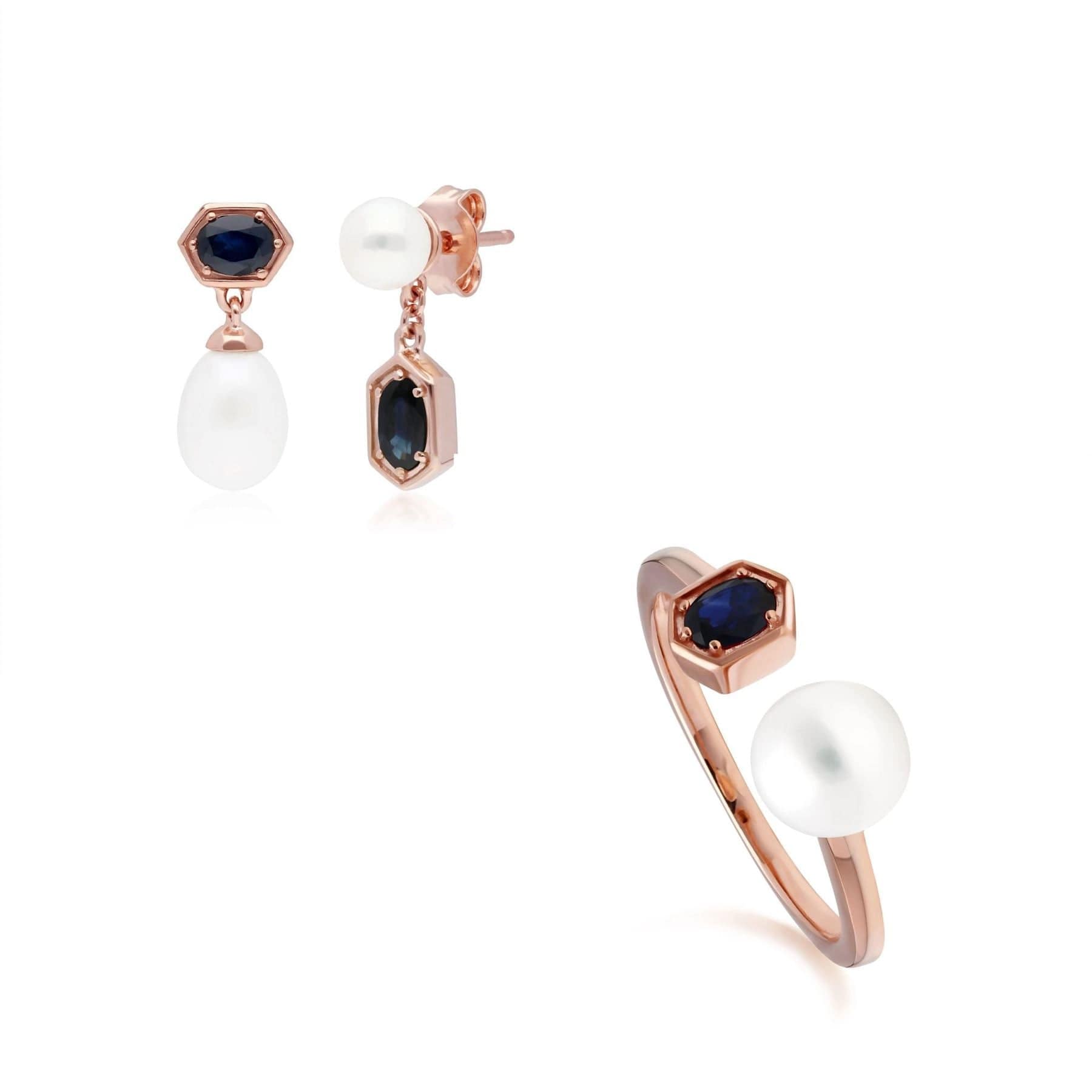 270E030401925-270R058901925 Modern Pearl & Sapphire Ring & Earring Set in Rose Gold Plated Silver 1