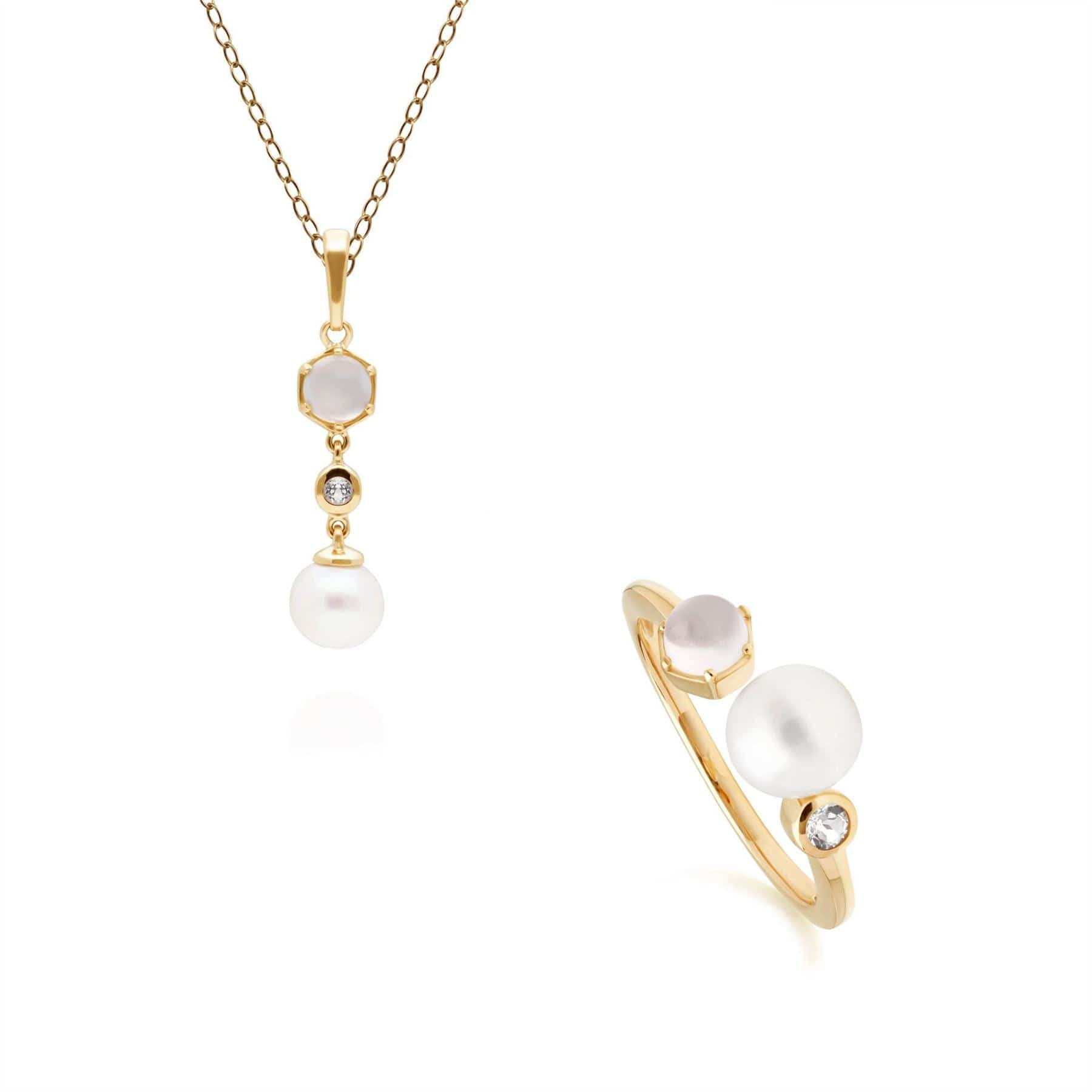 270P030502925-270R059102925 Modern Pearl, Topaz & Moonstone Pendant & Ring Set in Gold Plated Silver 1