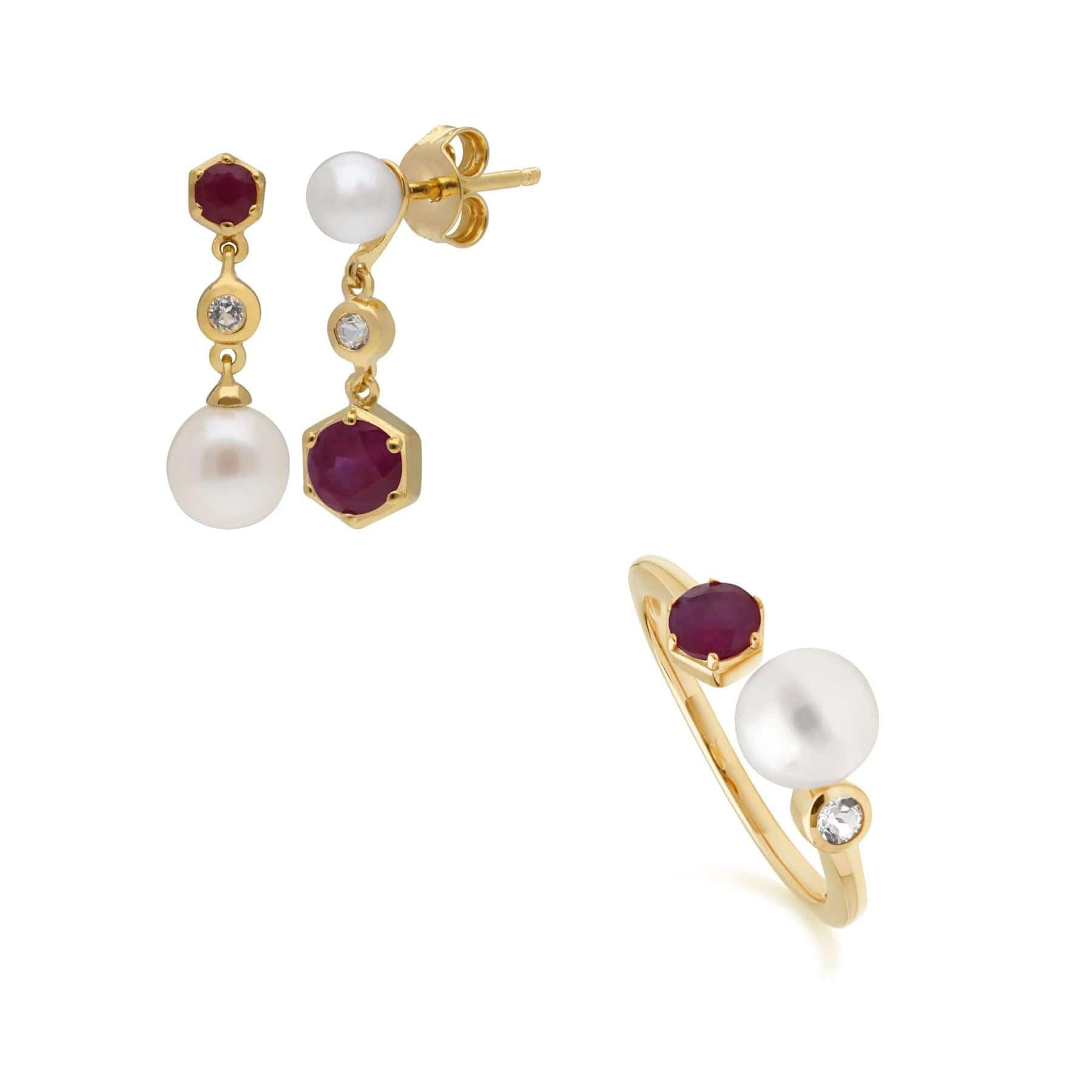 270E030102925-270R058602925 Modern Pearl, Topaz & Ruby Earring & Ring Set in Gold Plated Silver 1