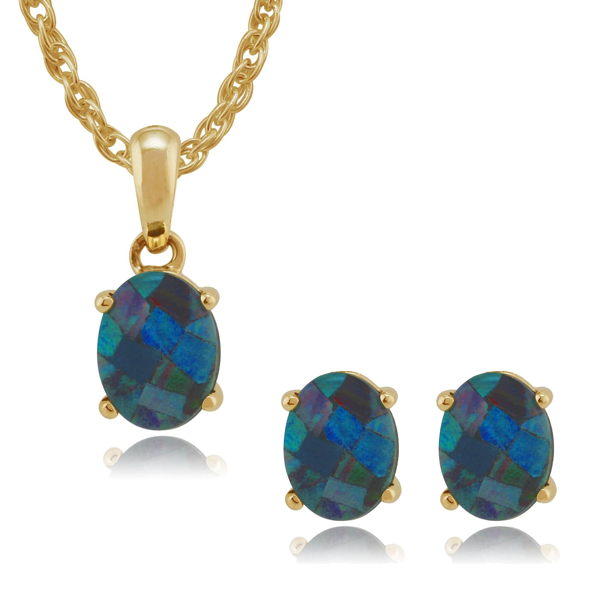 18893-9048 Classic Oval Triplet Opal Single Stone Stud Earrings & Pendant Set in 9ct Yellow Gold 1