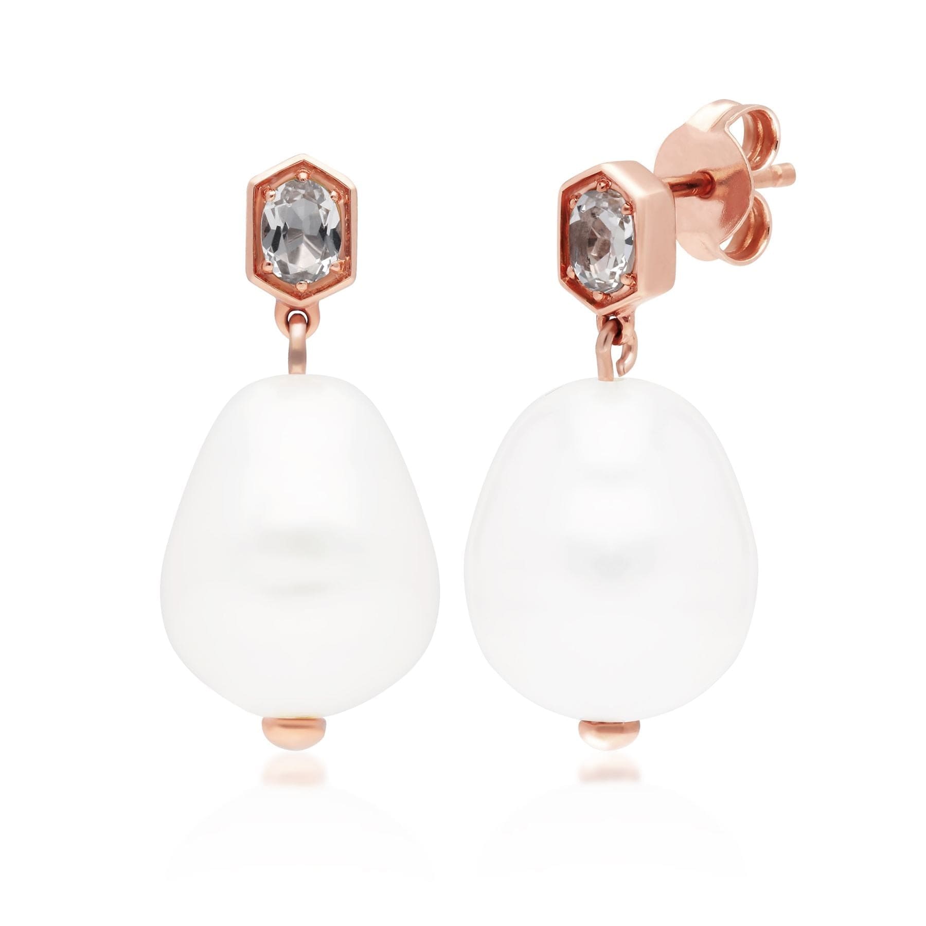 270E030510925 Modern Baroque Pearl & White Topaz Drop Earrings in Rose Gold Plated Silver 1