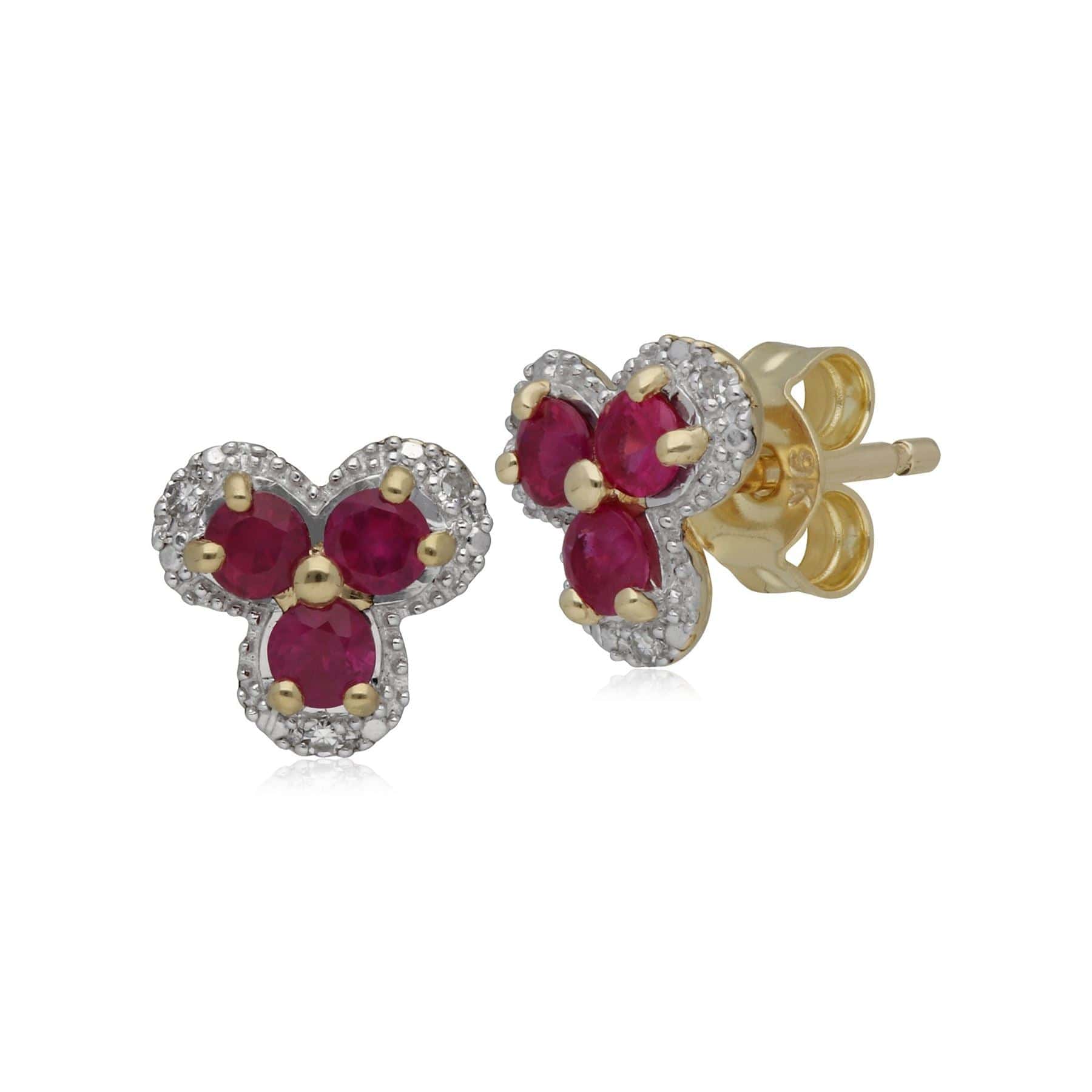 183E1133029 Classic Floral Ruby & Diamond Stud Earrings in 9ct Yellow Gold 1