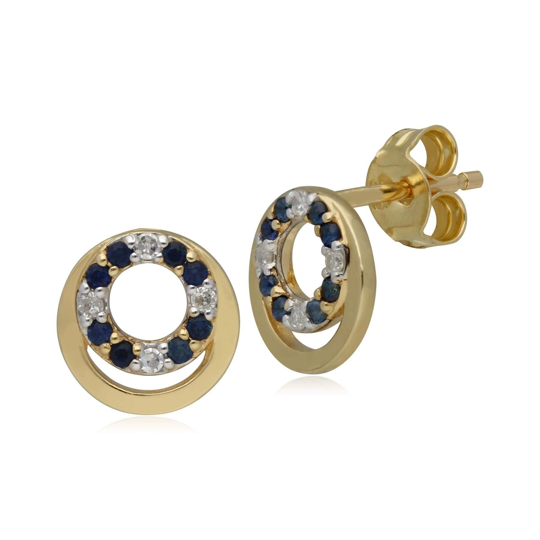 135E1543019 Classic Sapphire & Diamond Circle Stud Earrings in 9ct Yellow Gold 1
