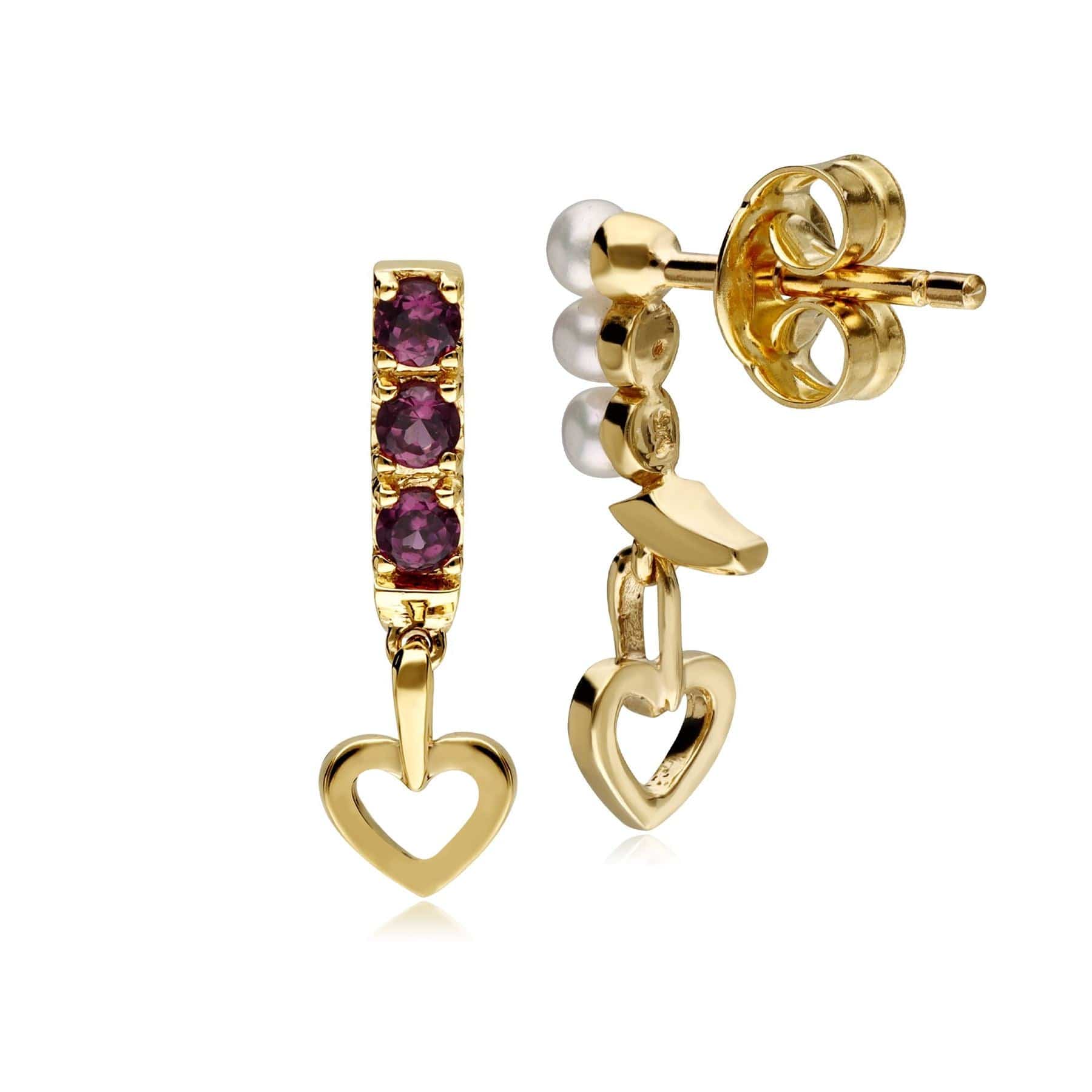 133E4182019 Cultured Freshwater Pearl & Rhodolite Mismatched Heart Drop Earrings In 9ct Yellow Gold 5