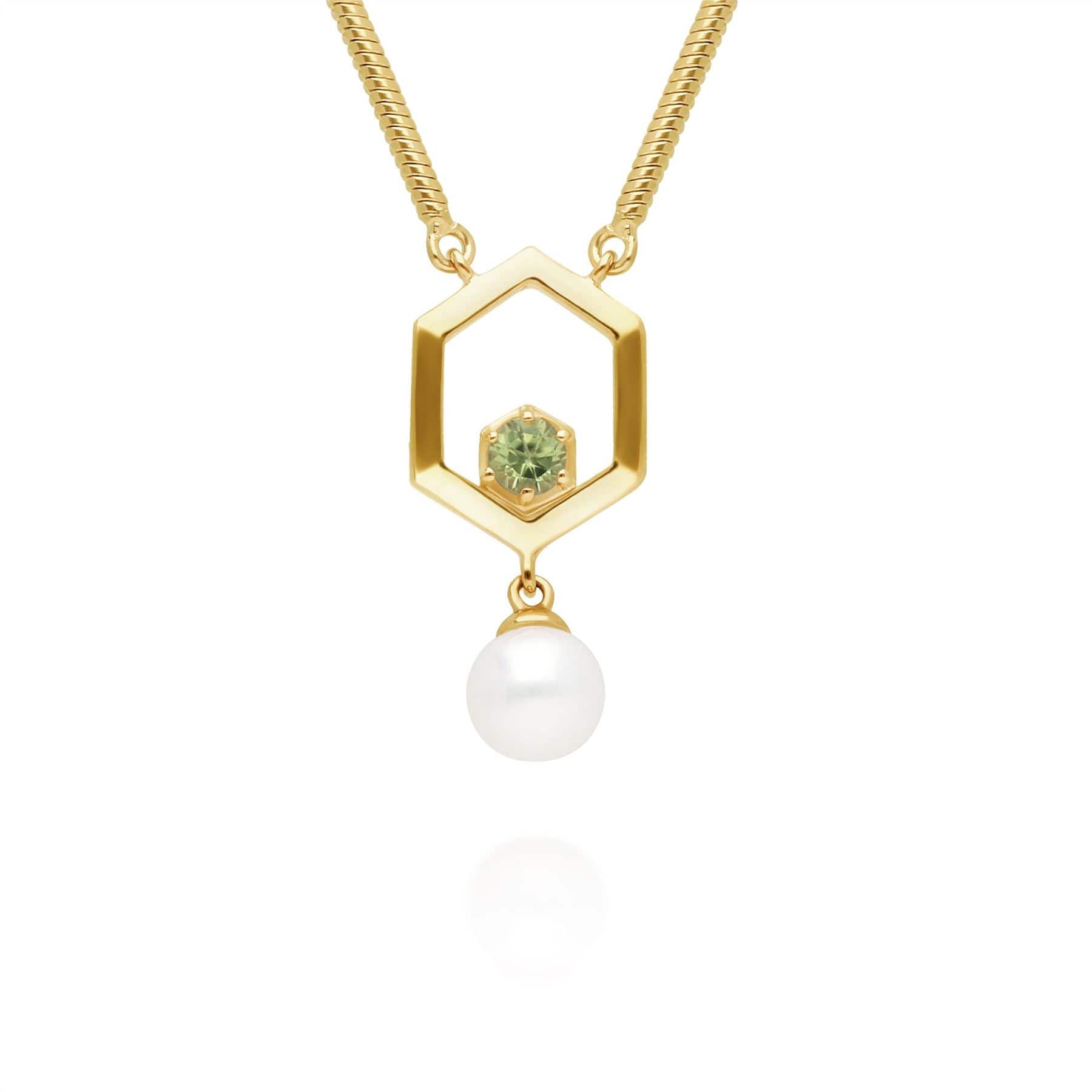 270N035807925 Modern Pearl & Peridot Hexagon Drop Necklace in Gold Plated Silver 1