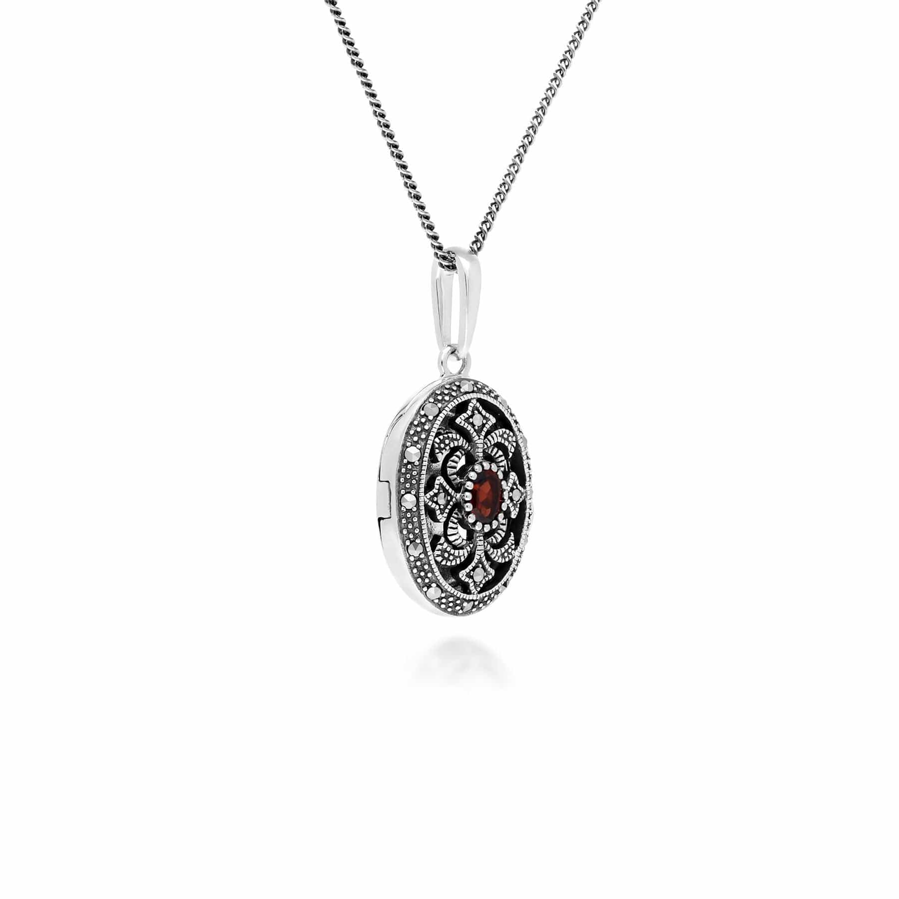 214N716204925 Art Nouveau Style Oval Garnet & Marcasite Locket Necklace in Sterling Silver 2