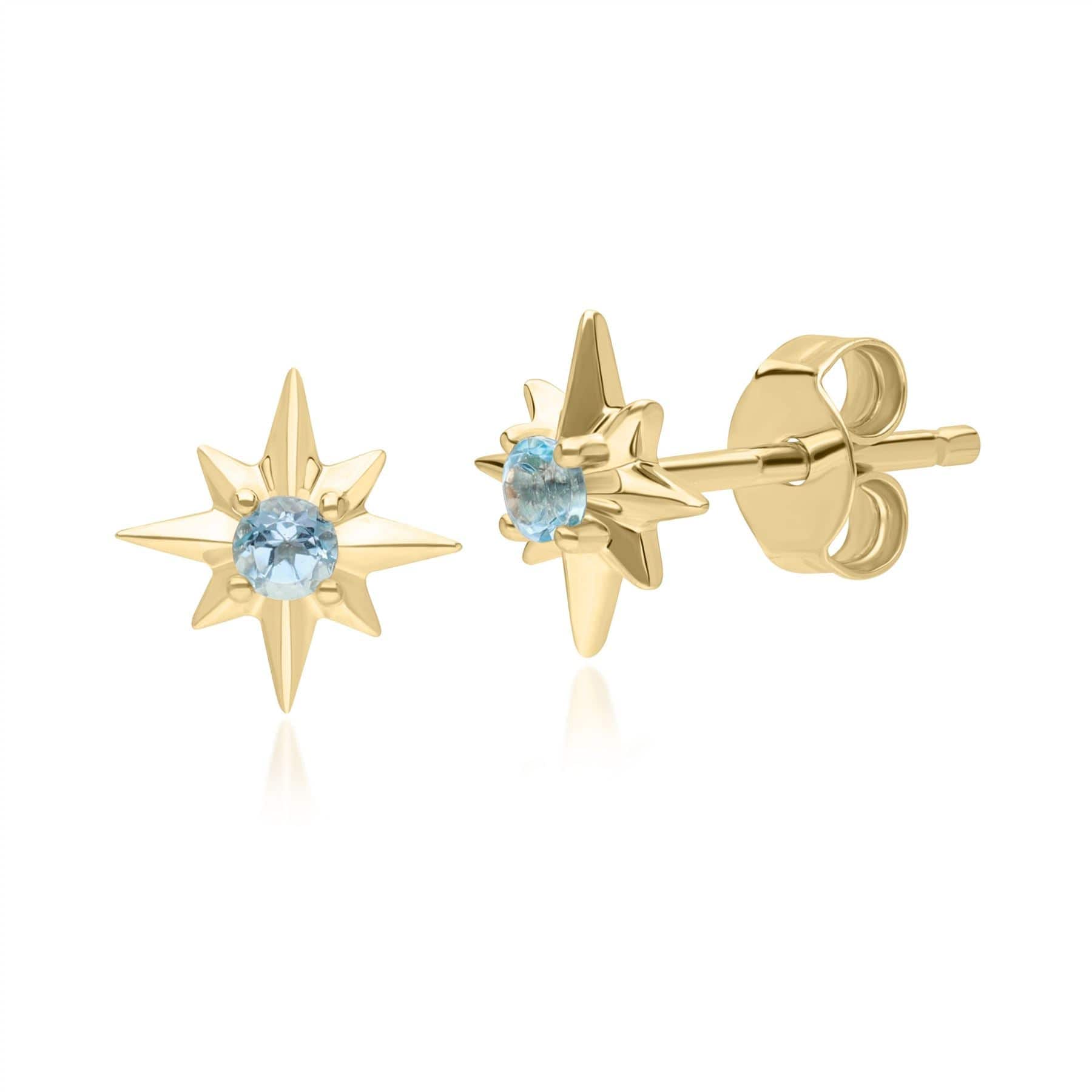 Night Sky Light Swiss Blue Topaz Cabochon Star Stud Earrings in 9ct Yellow Gold - Gemondo