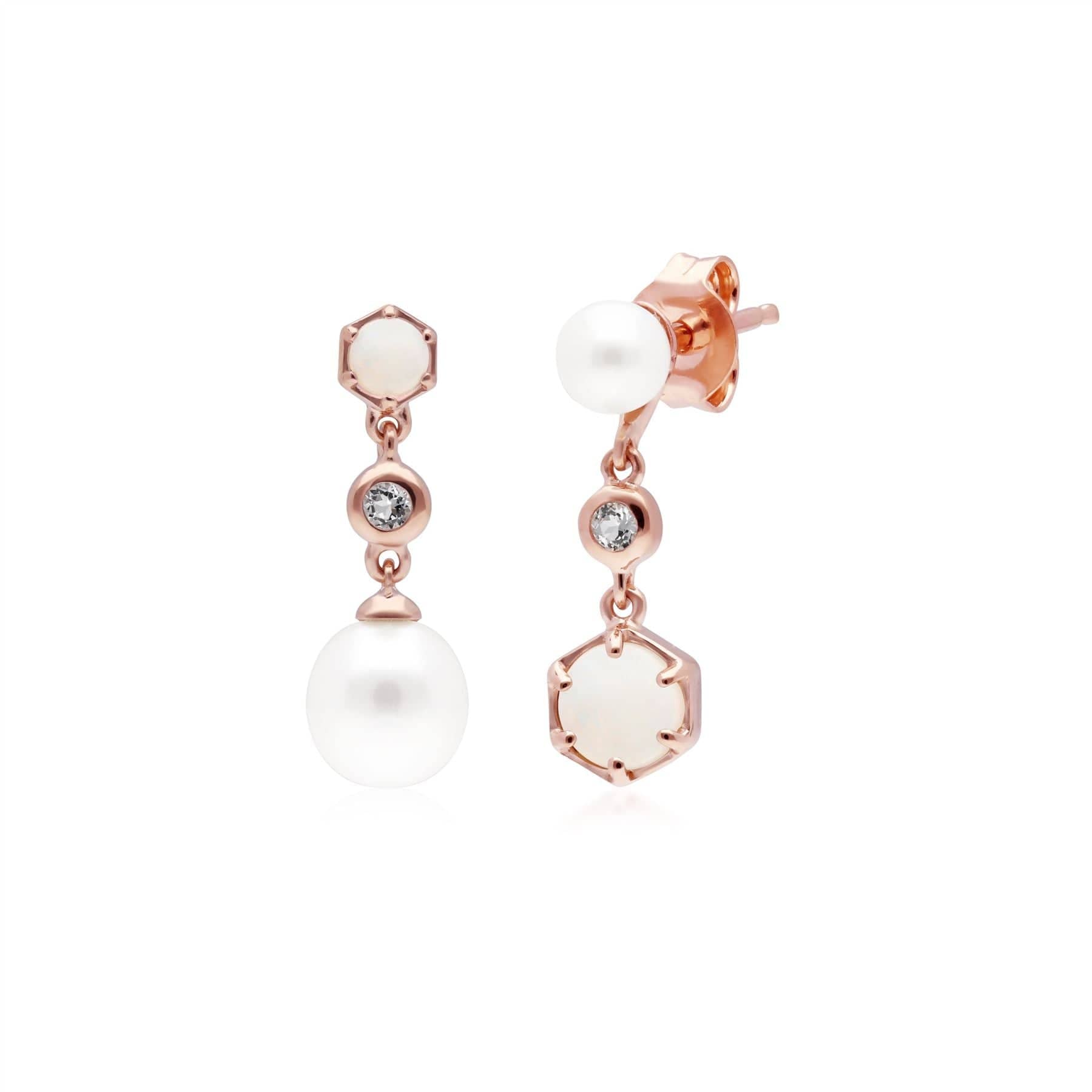 270E030901925 Modern Pearl, Opal & Topaz Mismatched Drop Earrings in Rose Gold Plated Silver 1