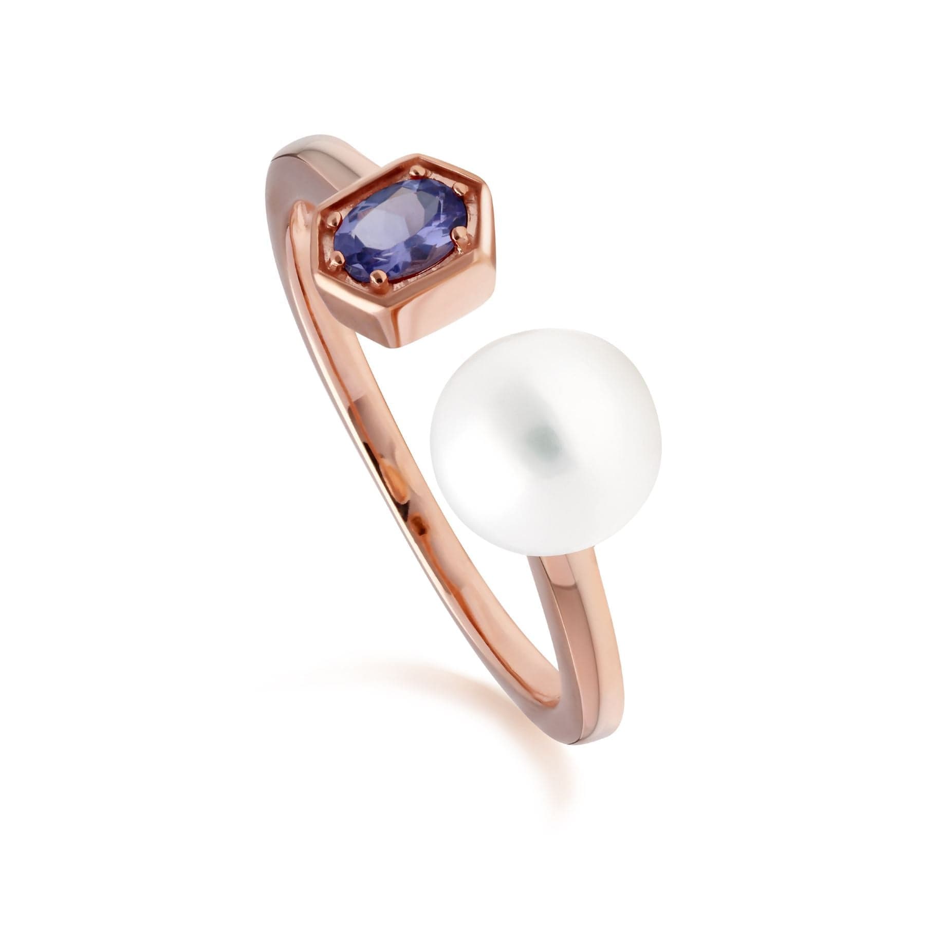 270R058909925 Modern Pearl & Tanzanite Open Ring in Rose Gold Plated Silver 1