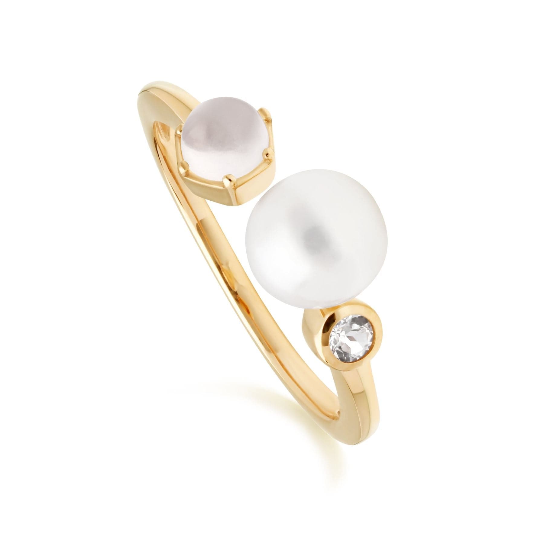 Modern Pearl, Moonstone & White Topaz Open Ring in Gold Plated Sterling Silver