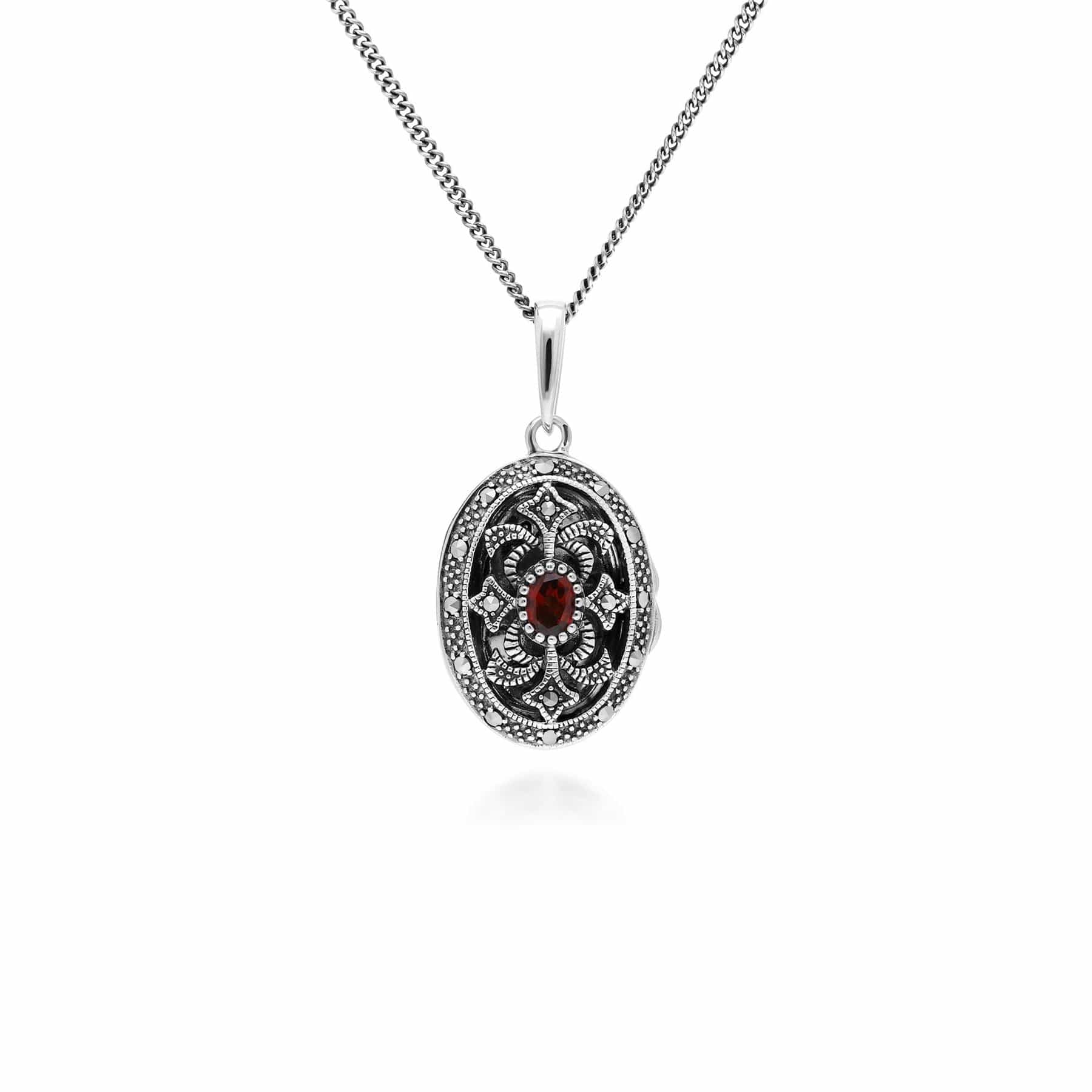 214N716204925 Art Nouveau Style Oval Garnet & Marcasite Locket Necklace in Sterling Silver 1