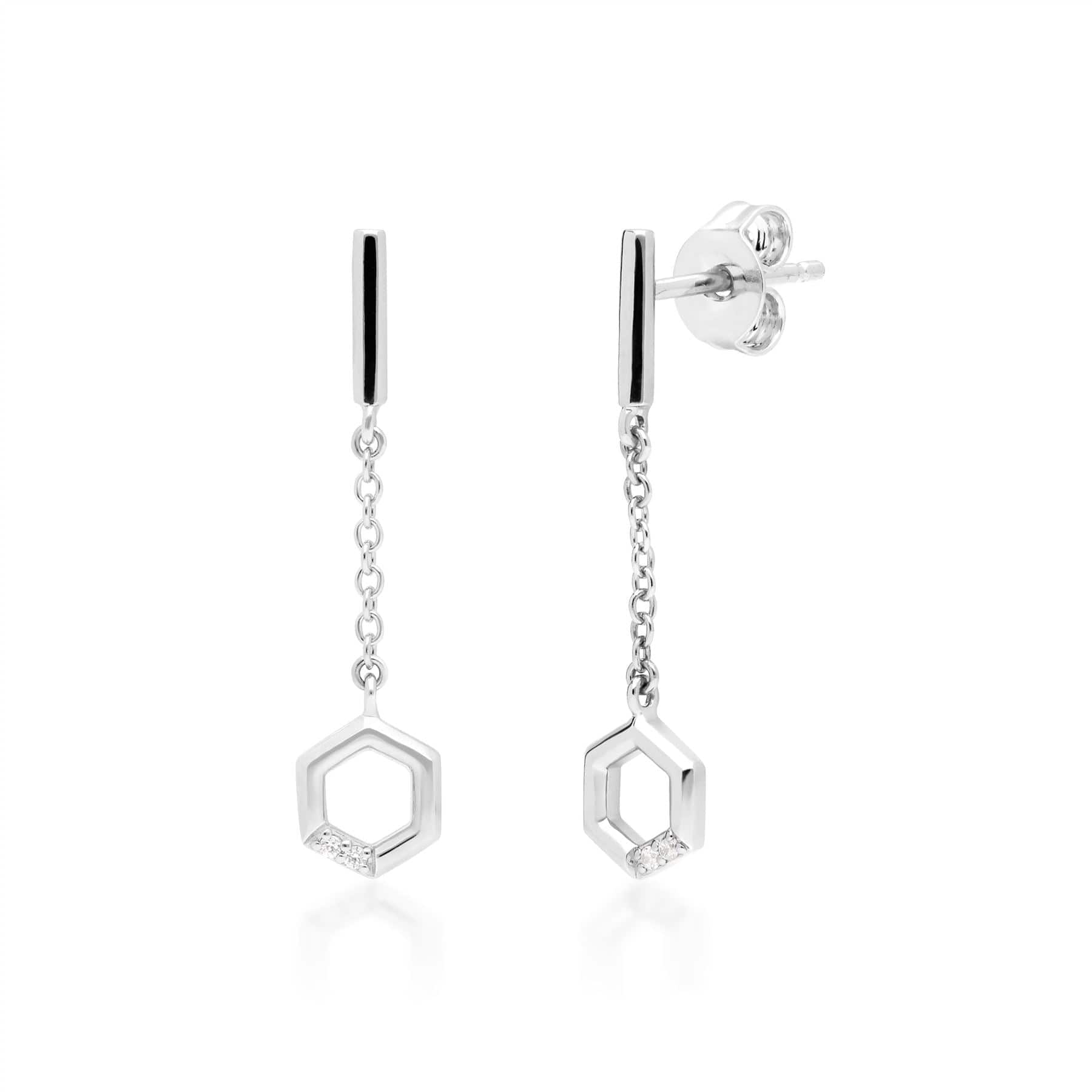 162E0275019 Diamond Pave Hexagon Dangle Drop Earrings in 9ct White Gold 1