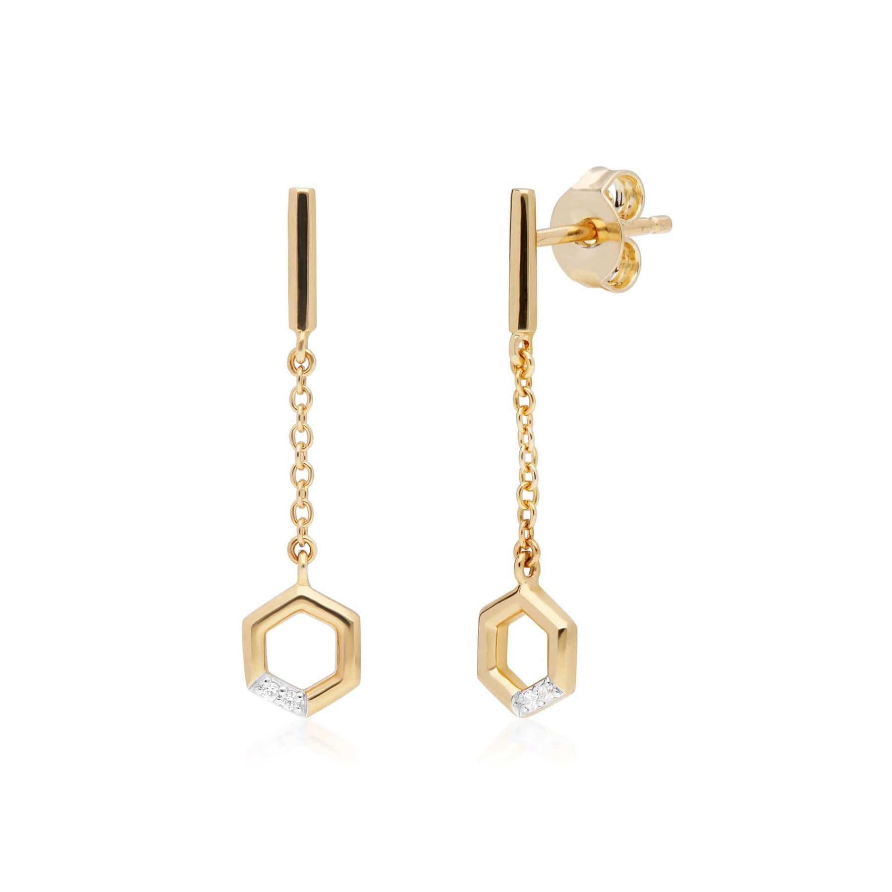 191E0396029 Hexagon Diamond Dangle Drop Earrings in 9ct Yellow Gold 1