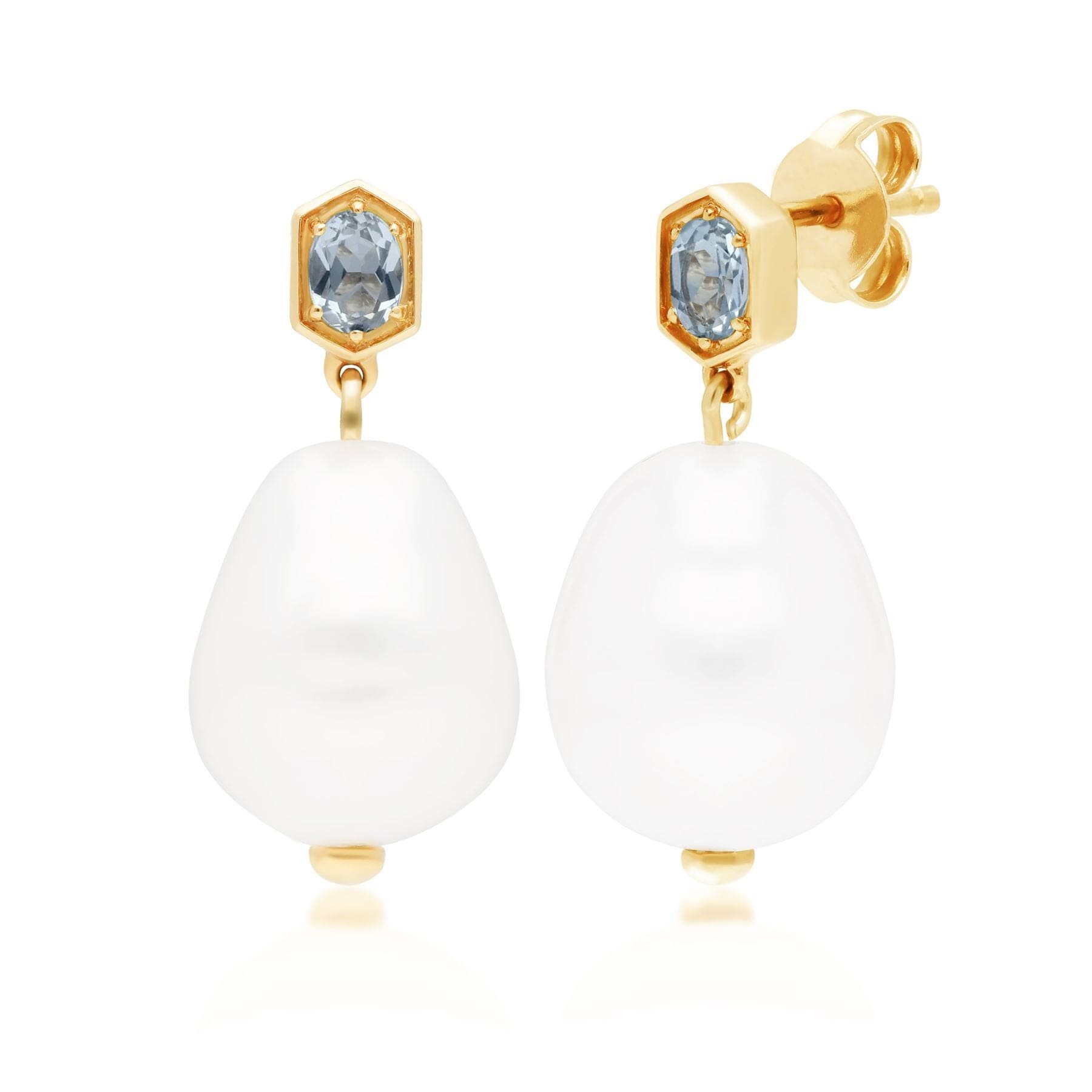 270E028206925 Modern Baroque Pearl & Aquamarine Drop Earrings in Gold Plated Silver 1