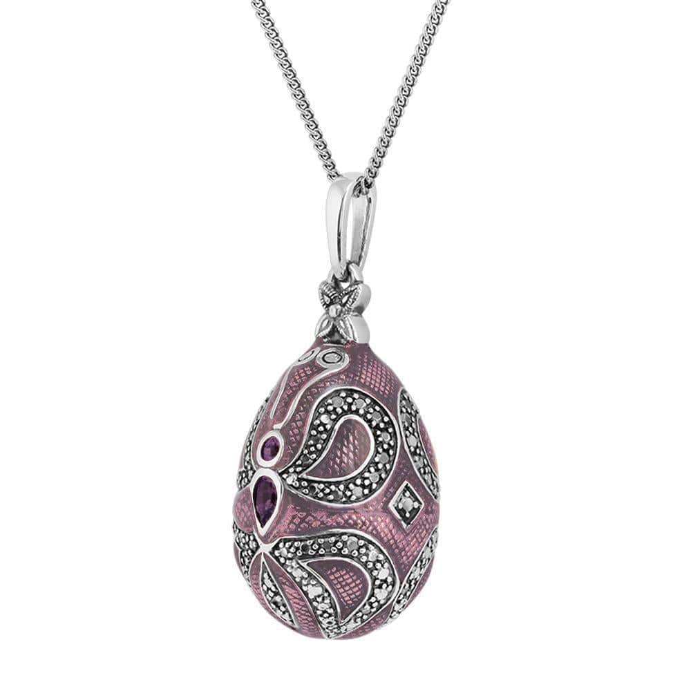27079 Art Nouveau Style Purple Enamel & Amethyst Egg Pendant in Sterling Silver 2