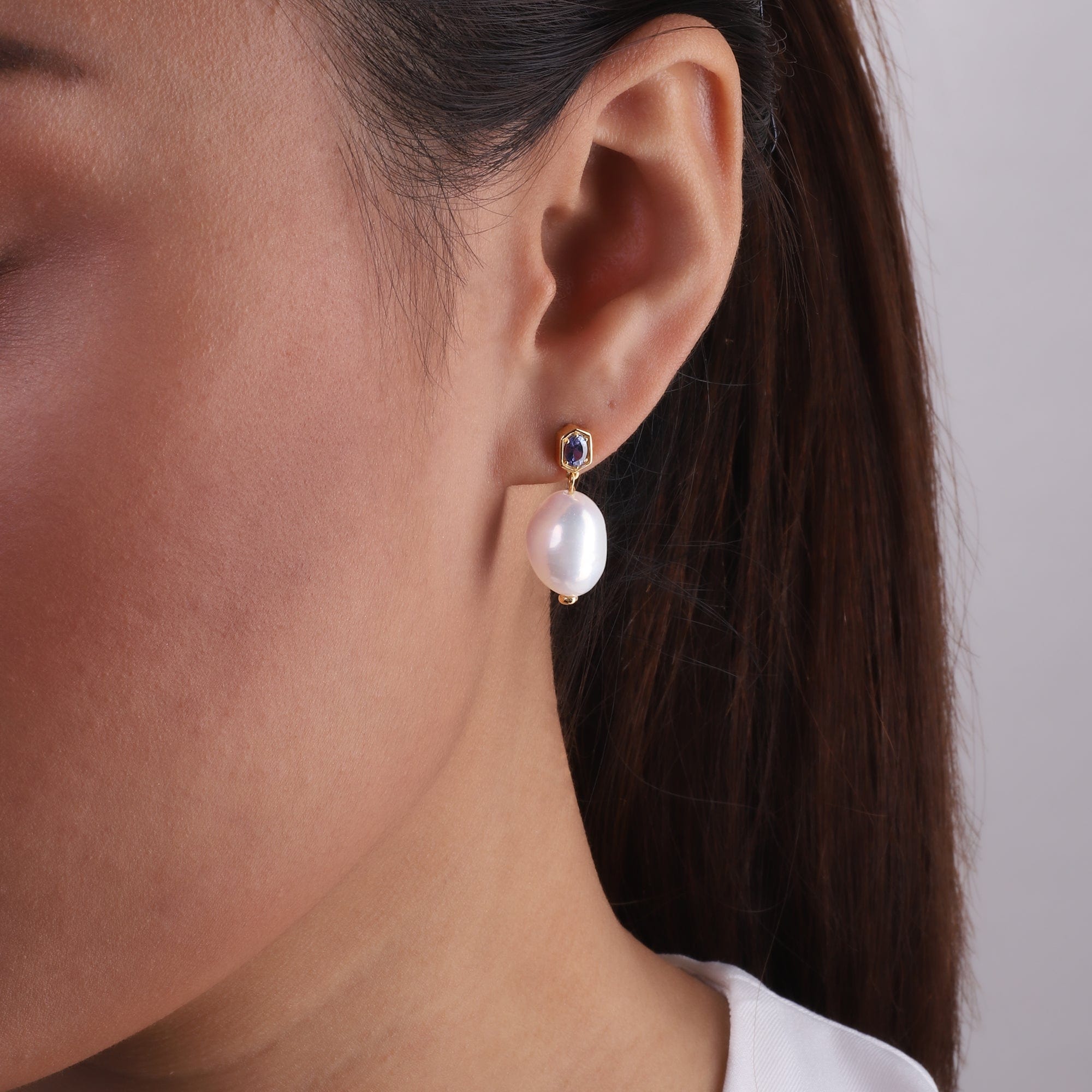 Modern Baroque Pearl & Sapphire Drop Earrings in Gold Plated Sterling Silver Model Image