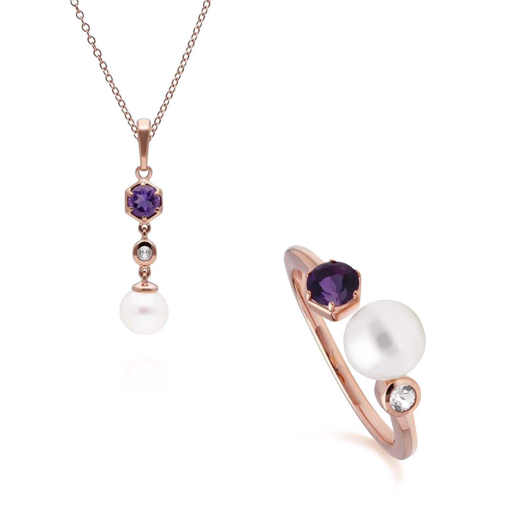 270P030304925-270R058804925 Modern Pearl, Amethyst & Topaz Pendant & Ring Set in Rose Gold Plated Silver 1
