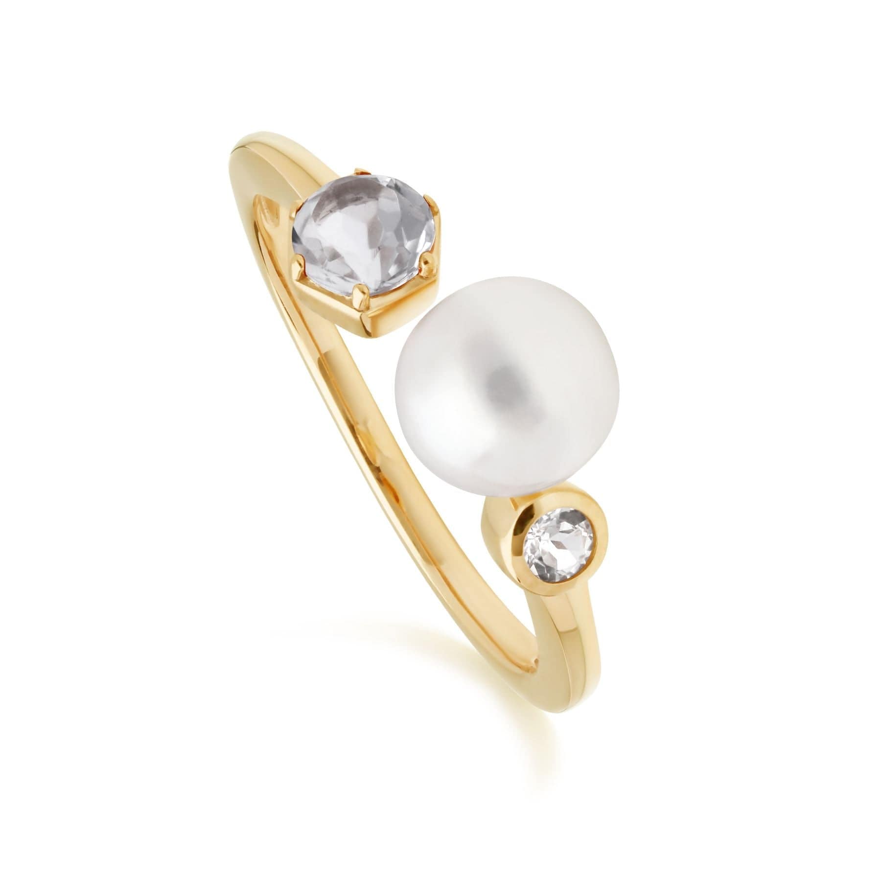 Modern Pearl & White Topaz Open Ring in Gold Plated Silver - Gemondo