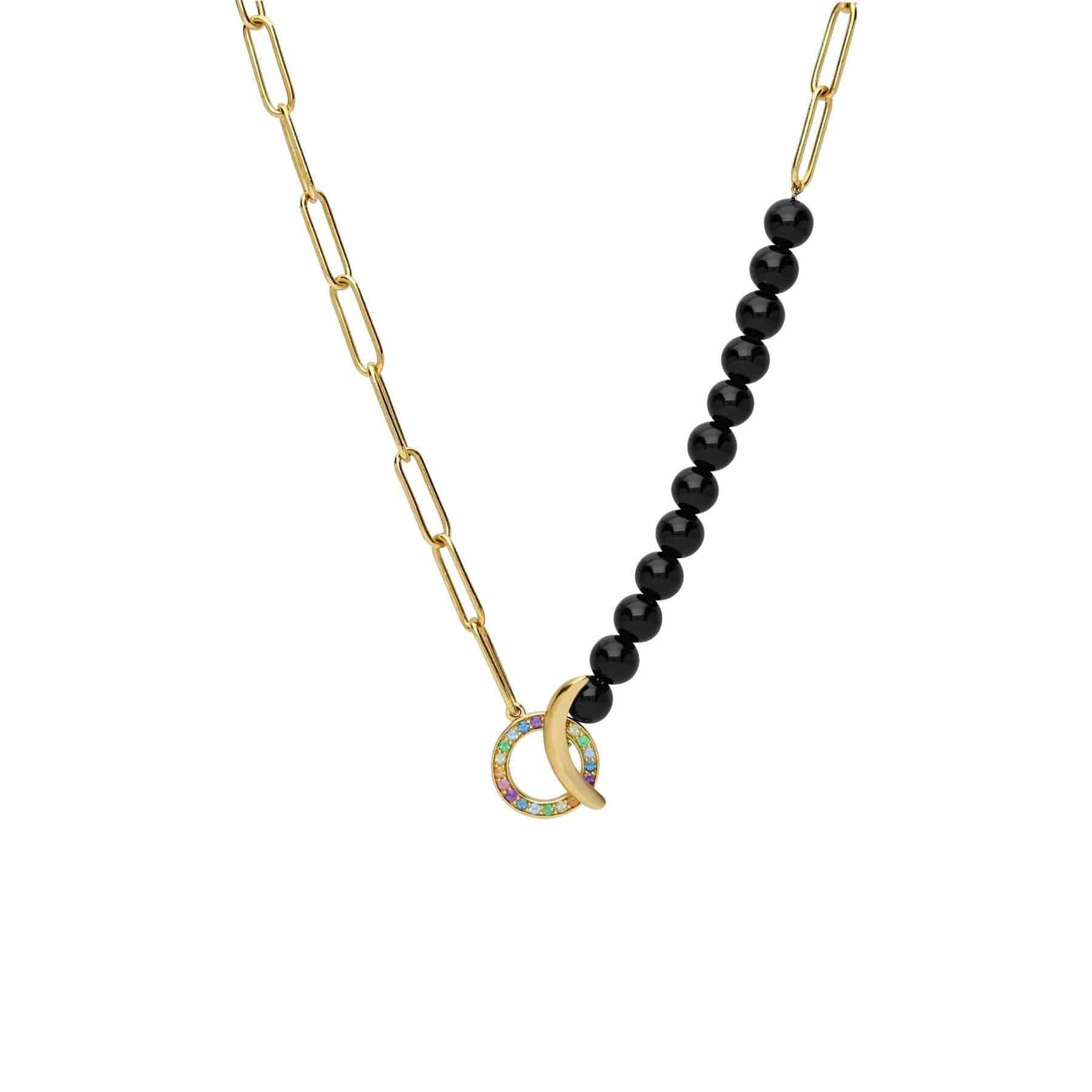 270N037601925 ECFEW™ Unifier Rainbow Gemstones & Onyx Bead Necklace In Sterling Silver 1