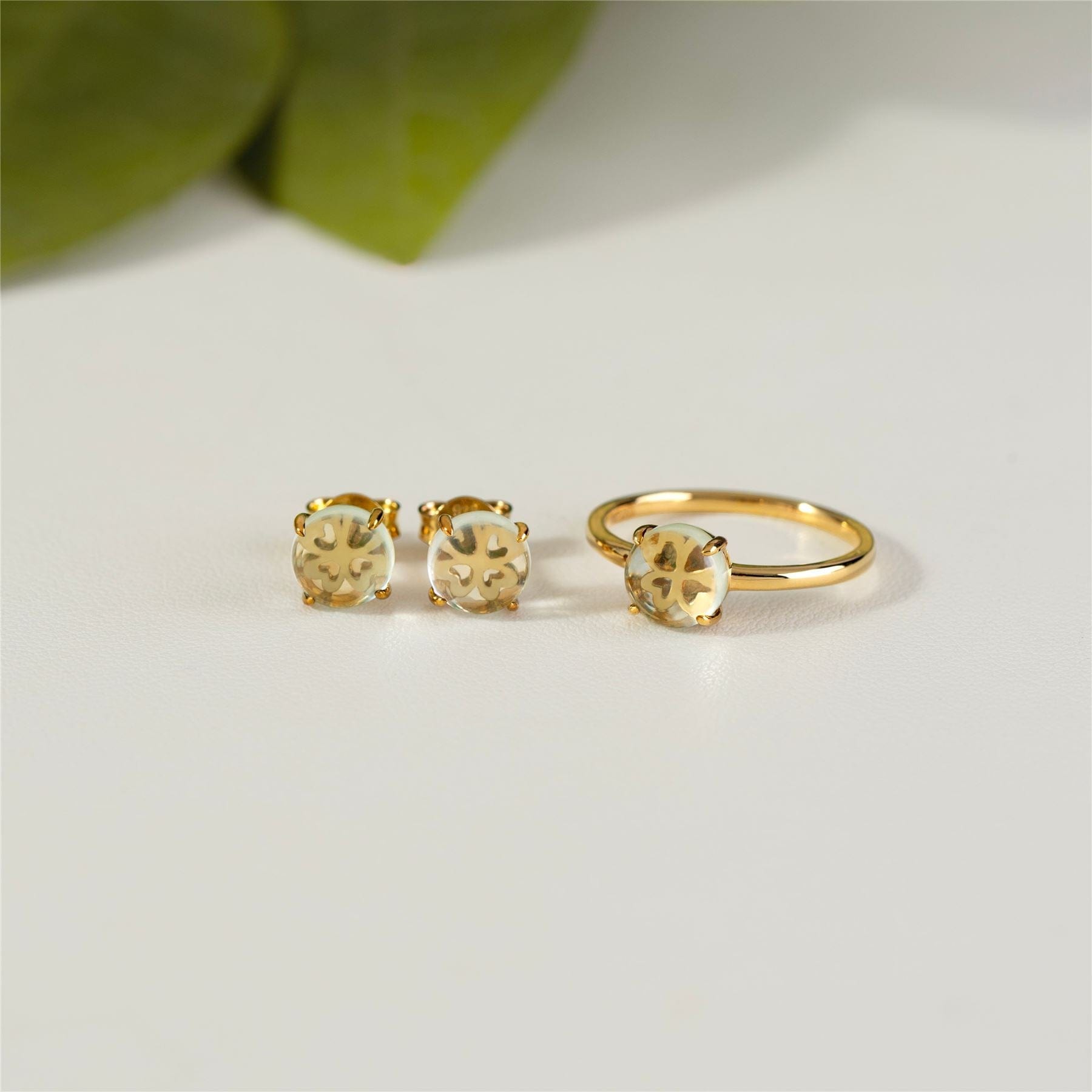 253E391803925 Gardenia Green Mint Quartz Cabochon Stud Earrings in Gold Plated Sterling Silver On Model