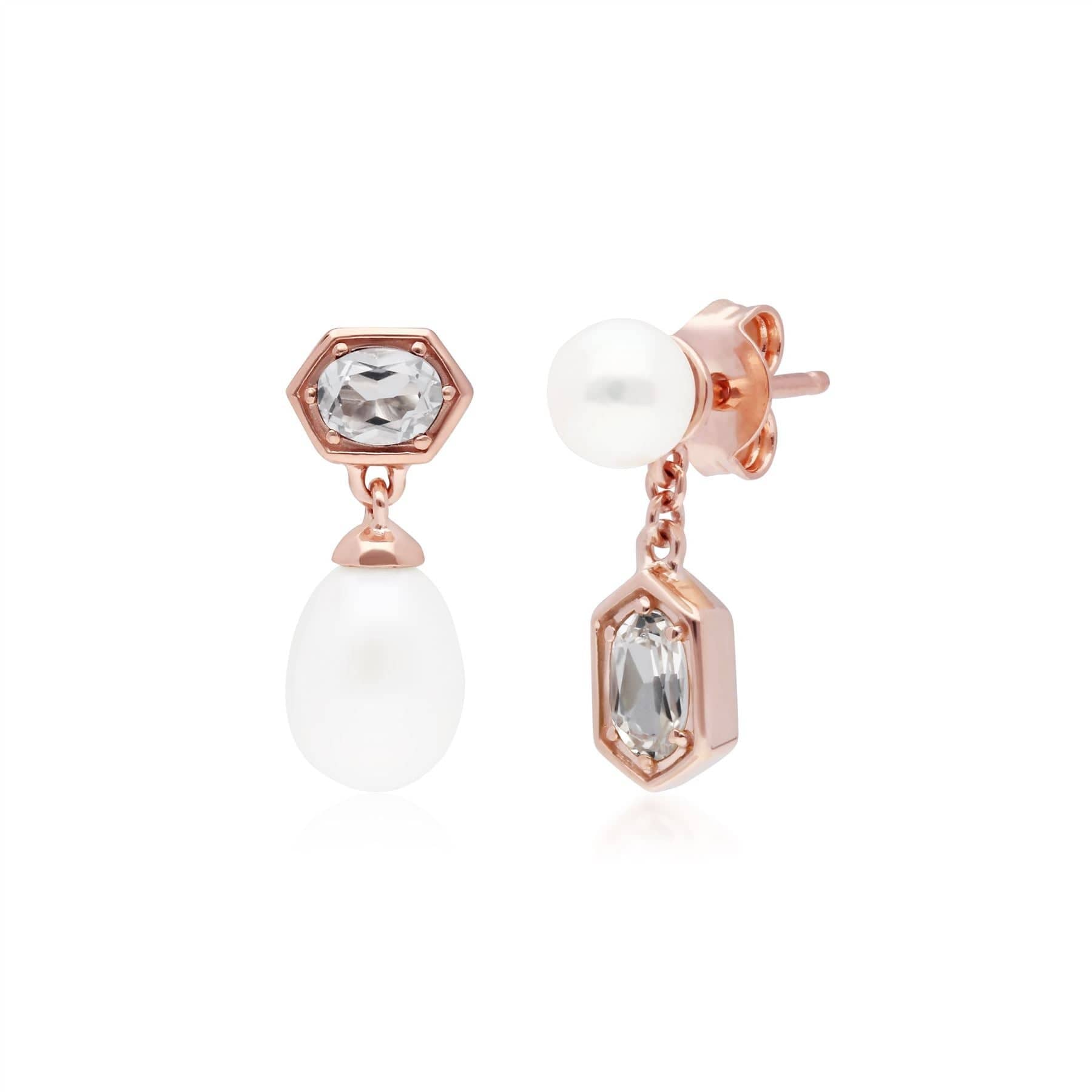 270E030409925 Modern Pearl & White Topaz Mismatched Drop Earrings in Rose Gold Plated Silver 1