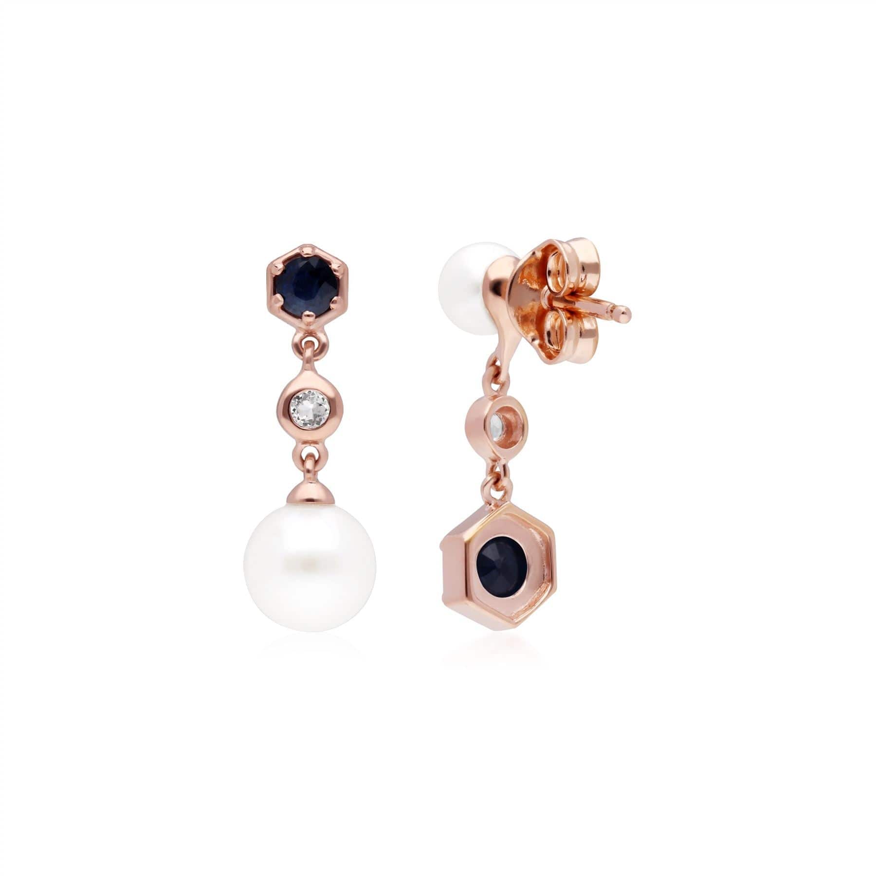 270E030301925 Modern Pearl, Sapphire & Topaz Mismatched Drop Earrings in Rose Gold Plated Silver 2