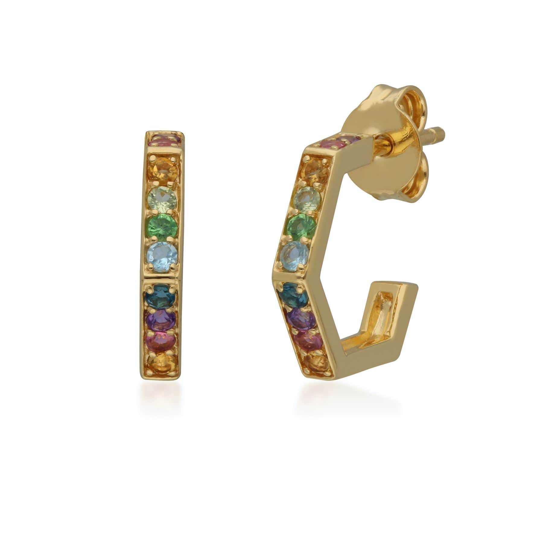 270E031701925 Rainbow Hexagon Hoop Earrings in Gold Plated Sterling Silver 1