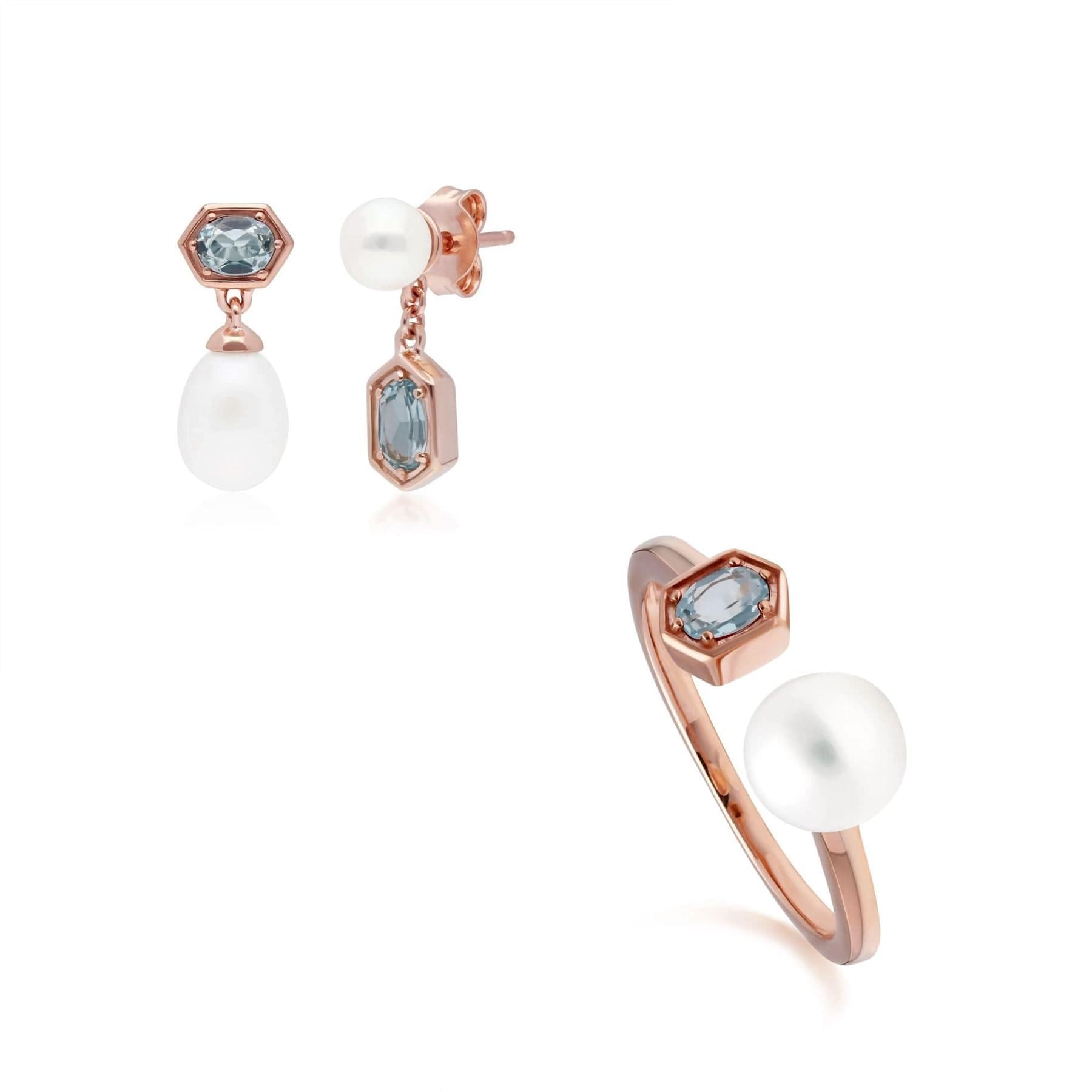 270E030405925-270R058906925 Modern Pearl & Blue Topaz Earring & Ring Set in Rose Gold Plated Silver 1
