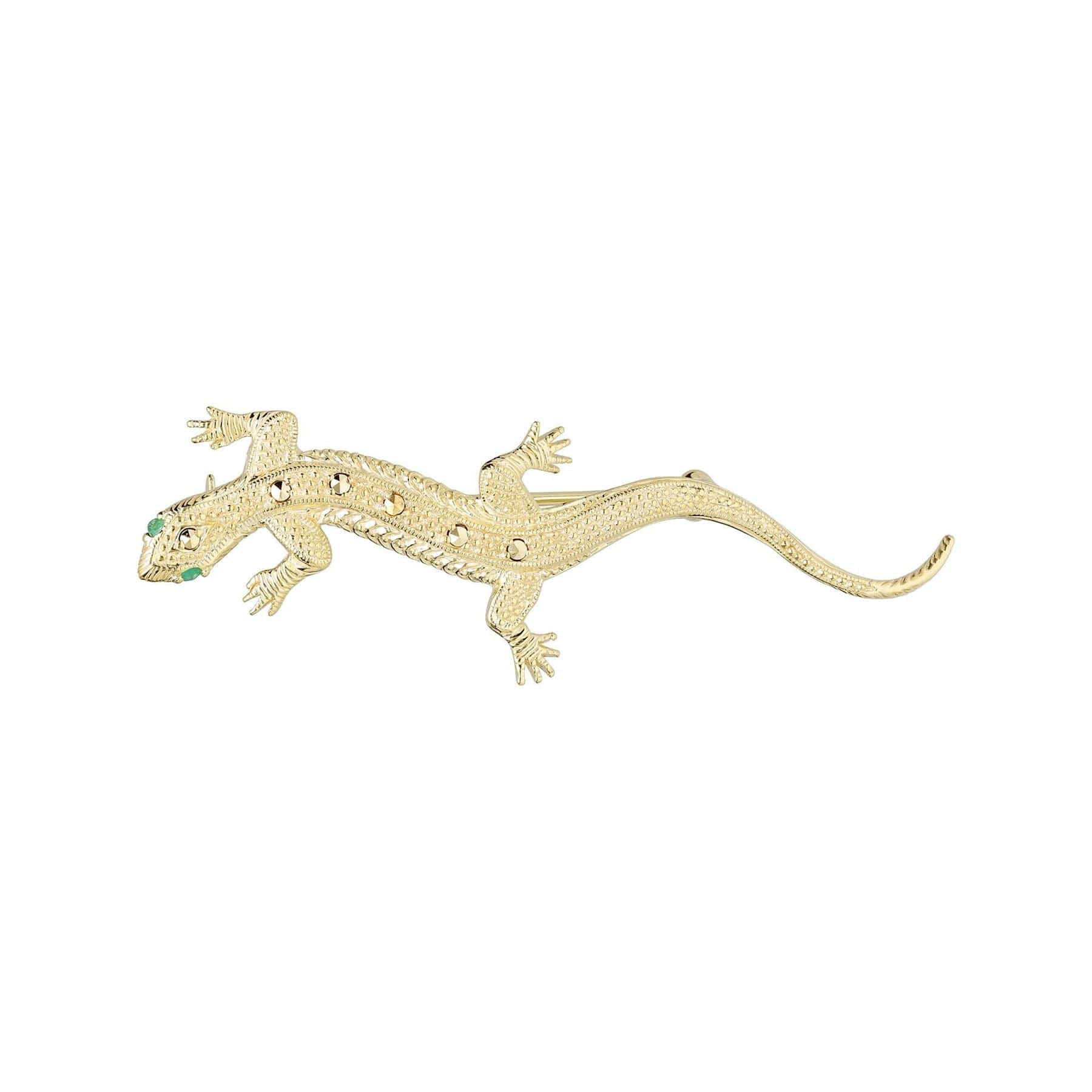 234C002801925 Emerald & Marcasite Gecko Brooch in 18ct Gold Plated Silver 1