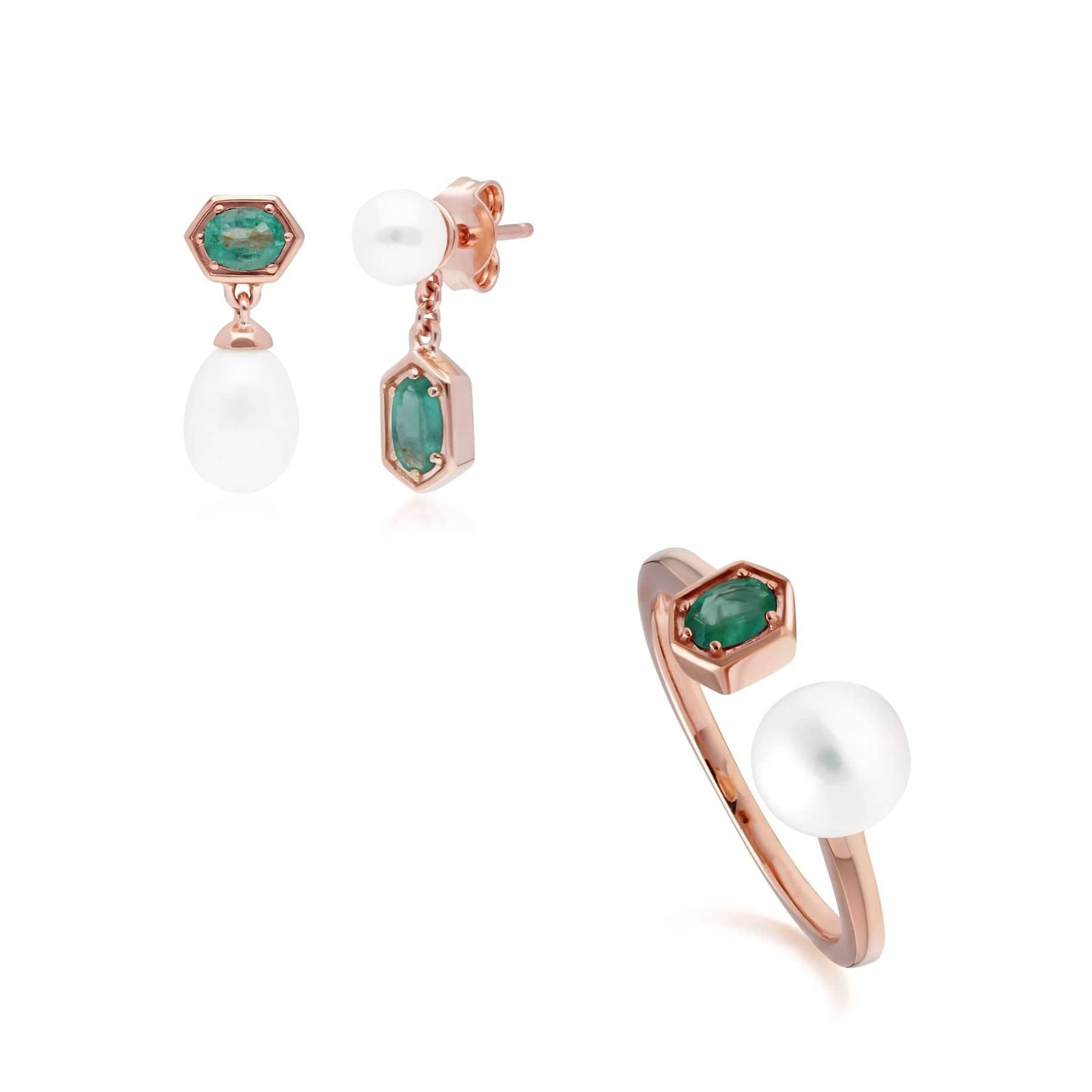 270E030403925-270R058903925 Modern Pearl & Emerald Earring & Ring Set in Rose Gold Plated Silver 1