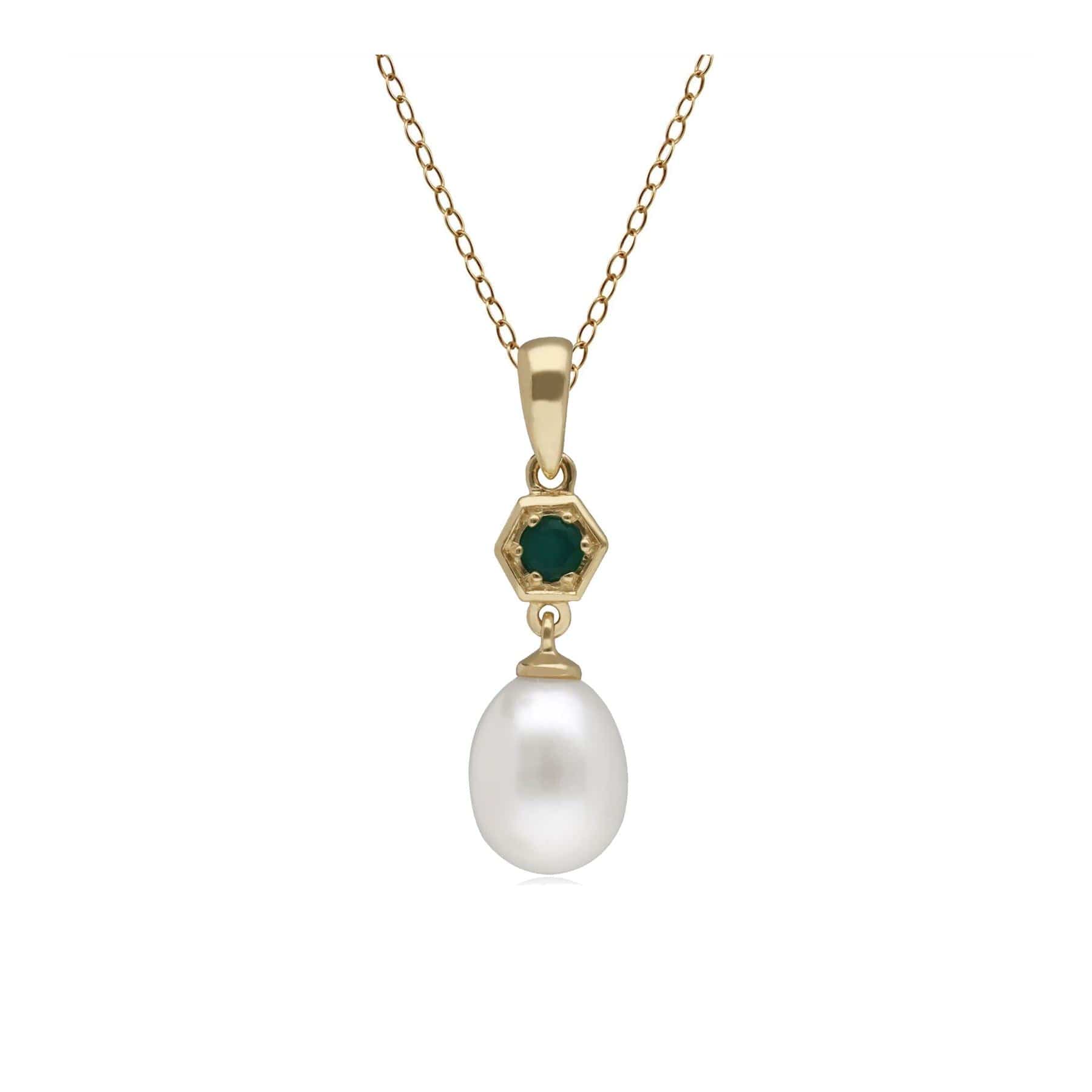 135P1993019 Modern Pearl & Dyed Green Chalcedony Drop Pendant in 9ct Gold 1