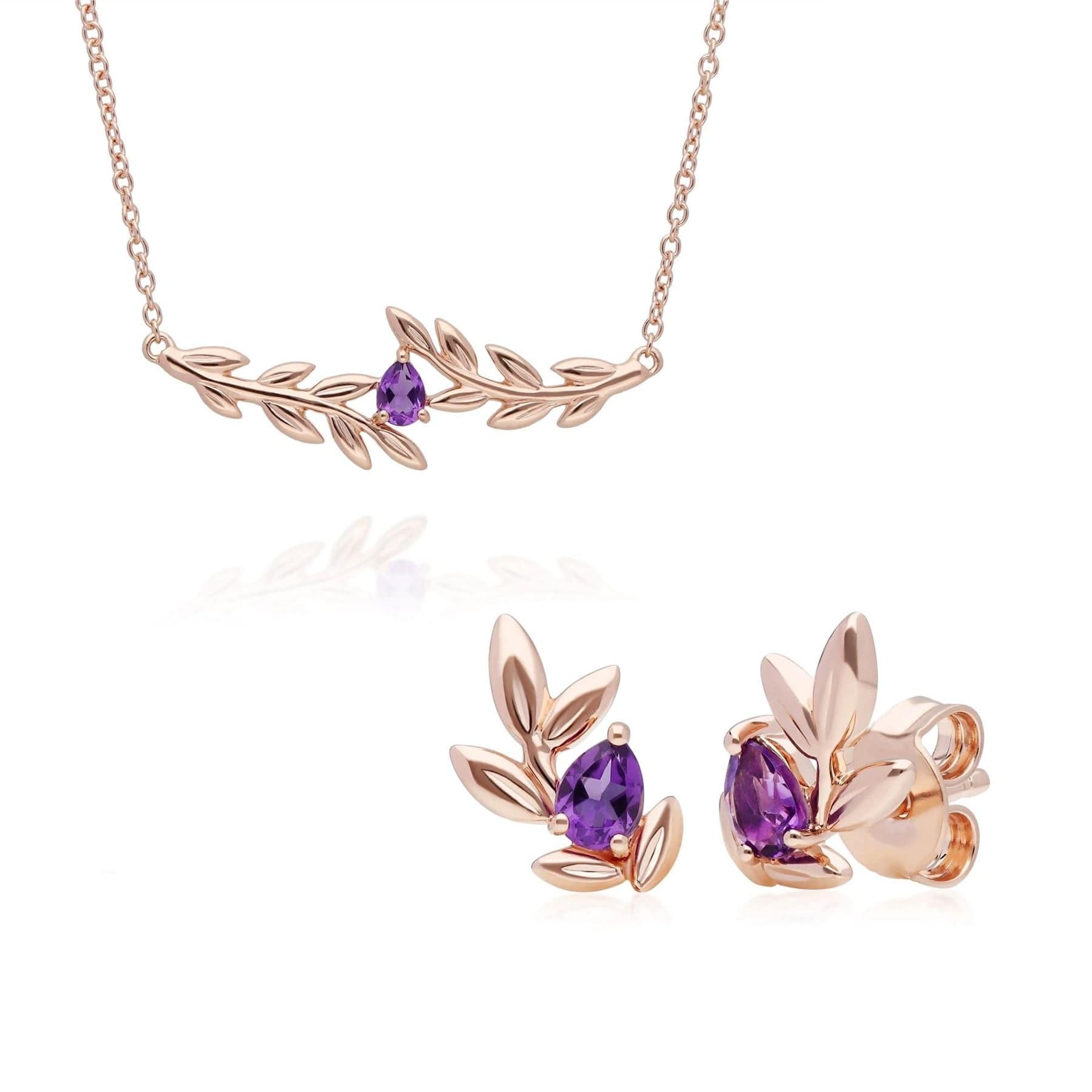 135N0364019-135E1642019 O Leaf Amethyst Necklace & Stud Earring Set in 9ct Rose Gold 1