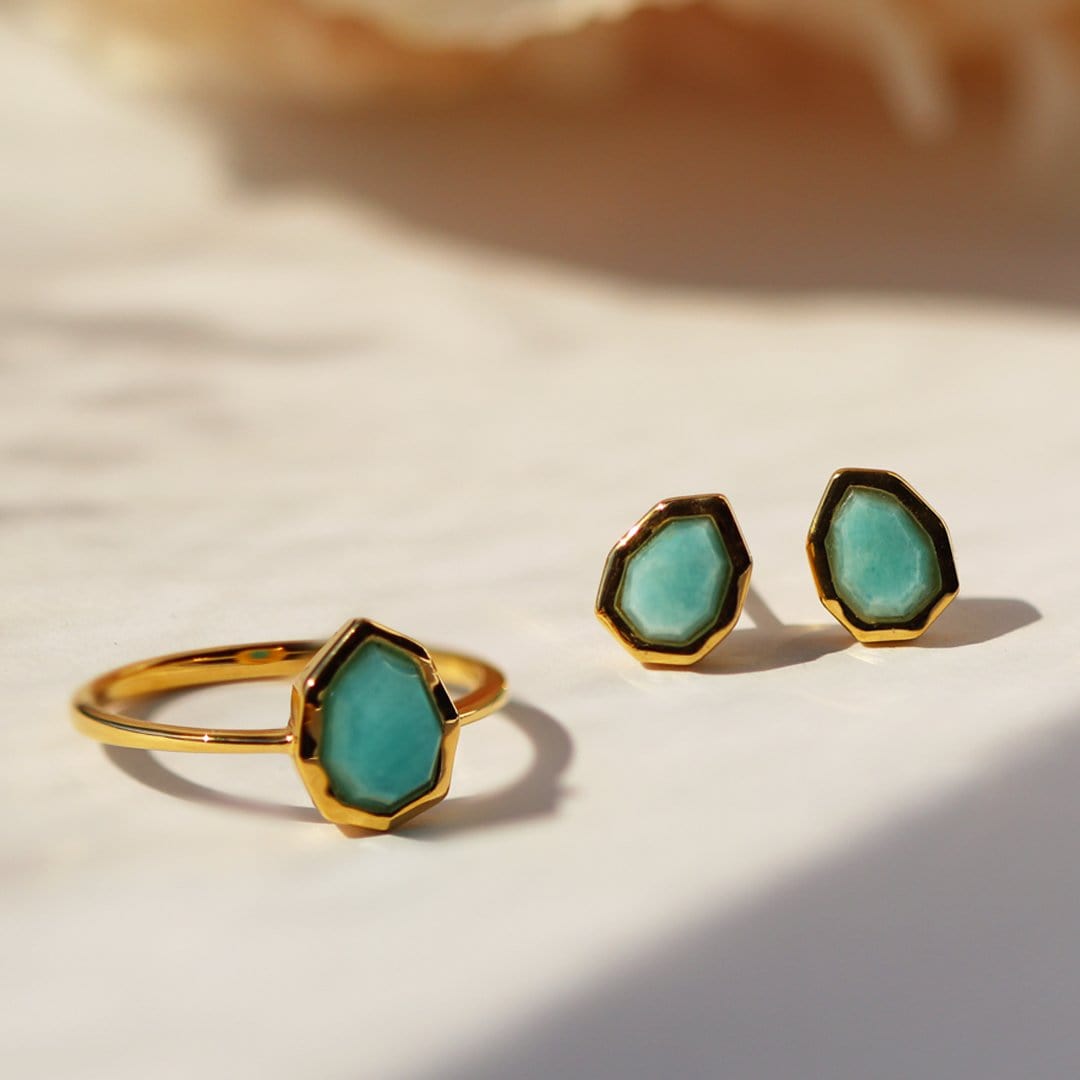 271E021101925 Irregular B Gem Blue Peru Amazonite Stud Earrings In Yellow Gold Plated Silver 2