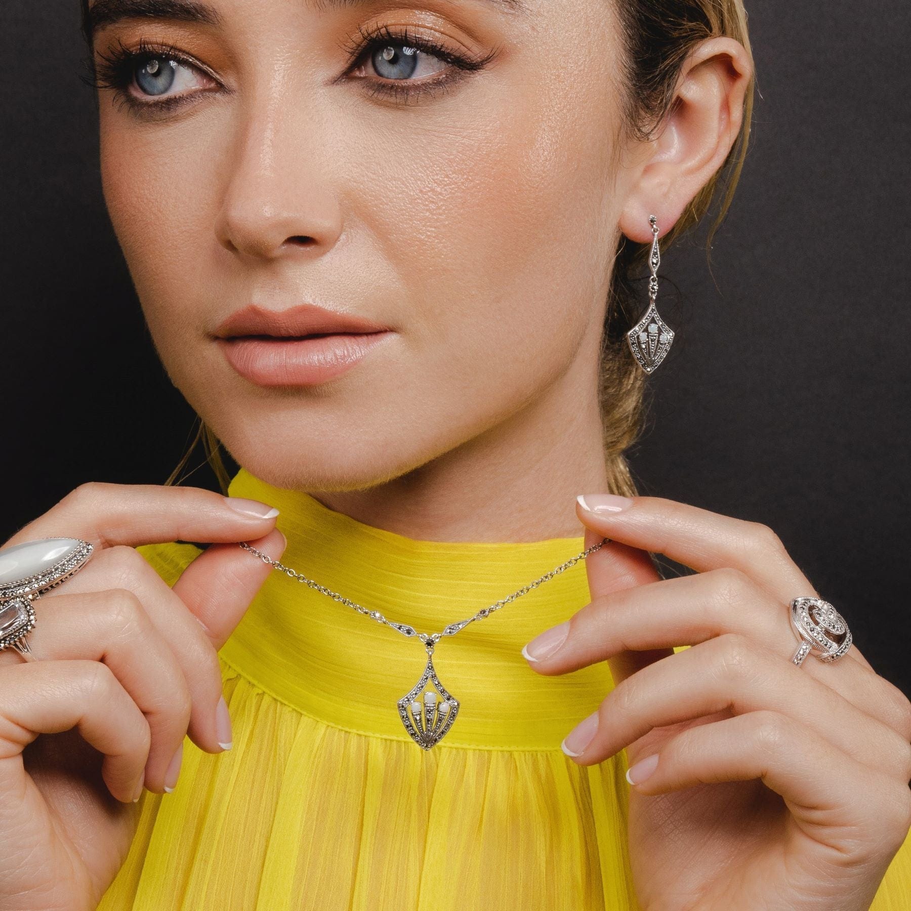 214E804701925 Art Deco Style Round Opal Cabochon & Marcasite Drop Earrings in Silver 4